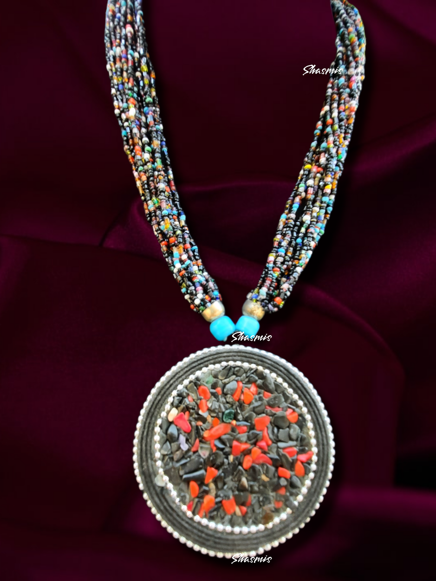 Multi Color Beads On Chain And Wide Crystal Pendent Necklace