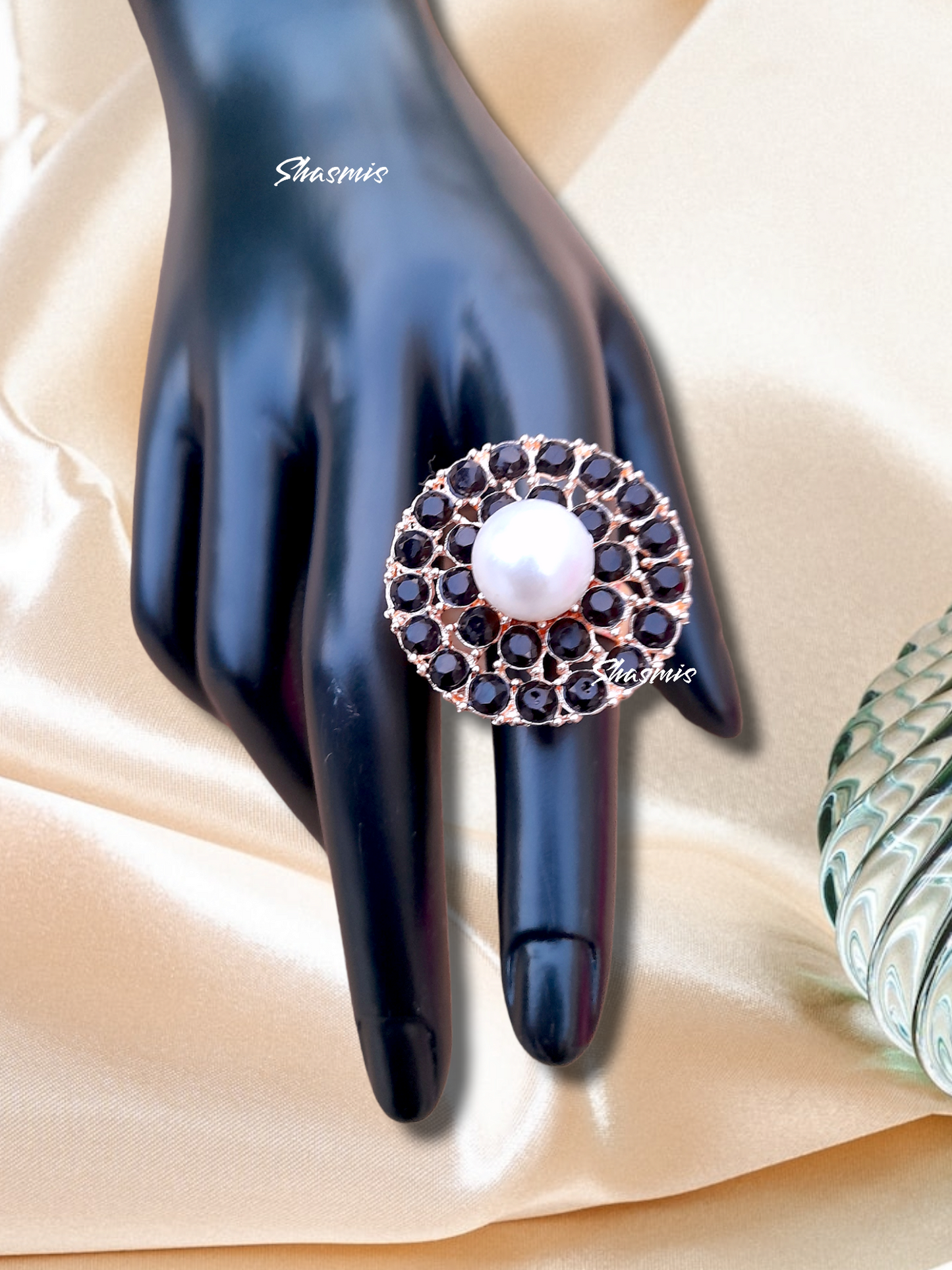 Stone With Centre Pearl Rose Gold Finish Ring