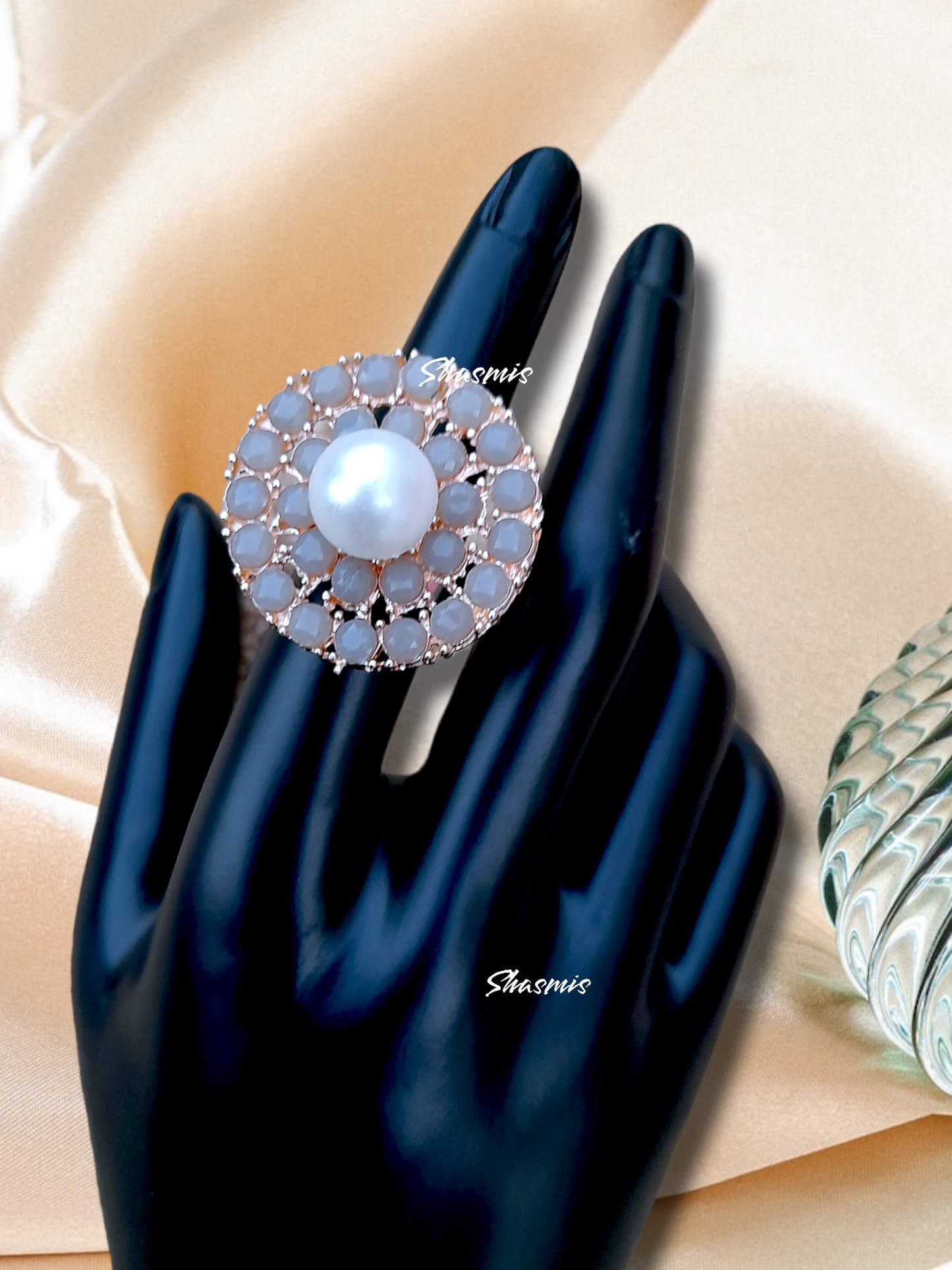 Stone With Centre Pearl Rose Gold Finish Ring