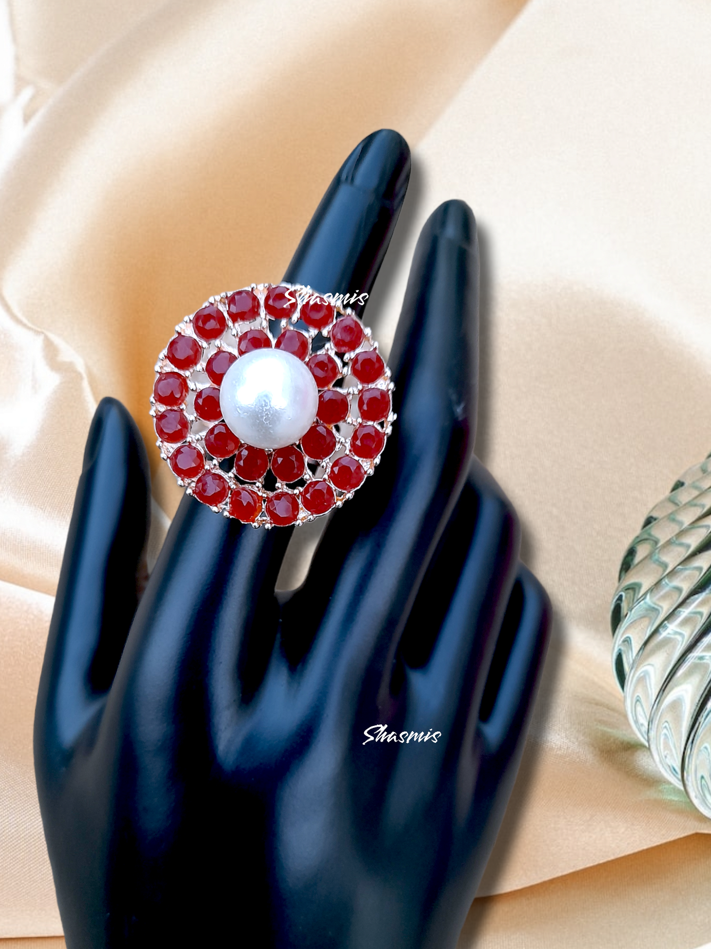 Stone With Centre Pearl Rose Gold Finish Ring