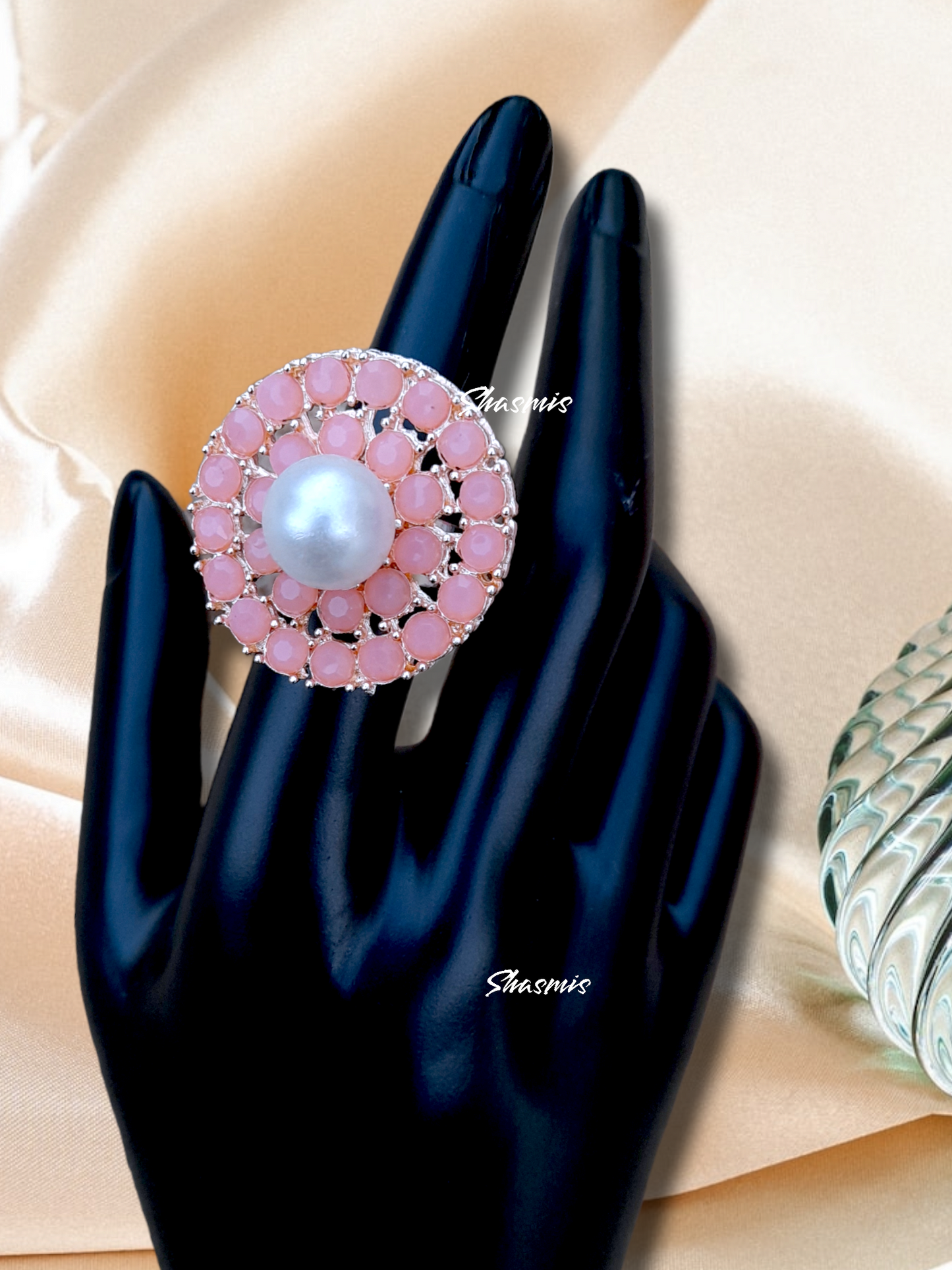 Stone With Centre Pearl Rose Gold Finish Ring