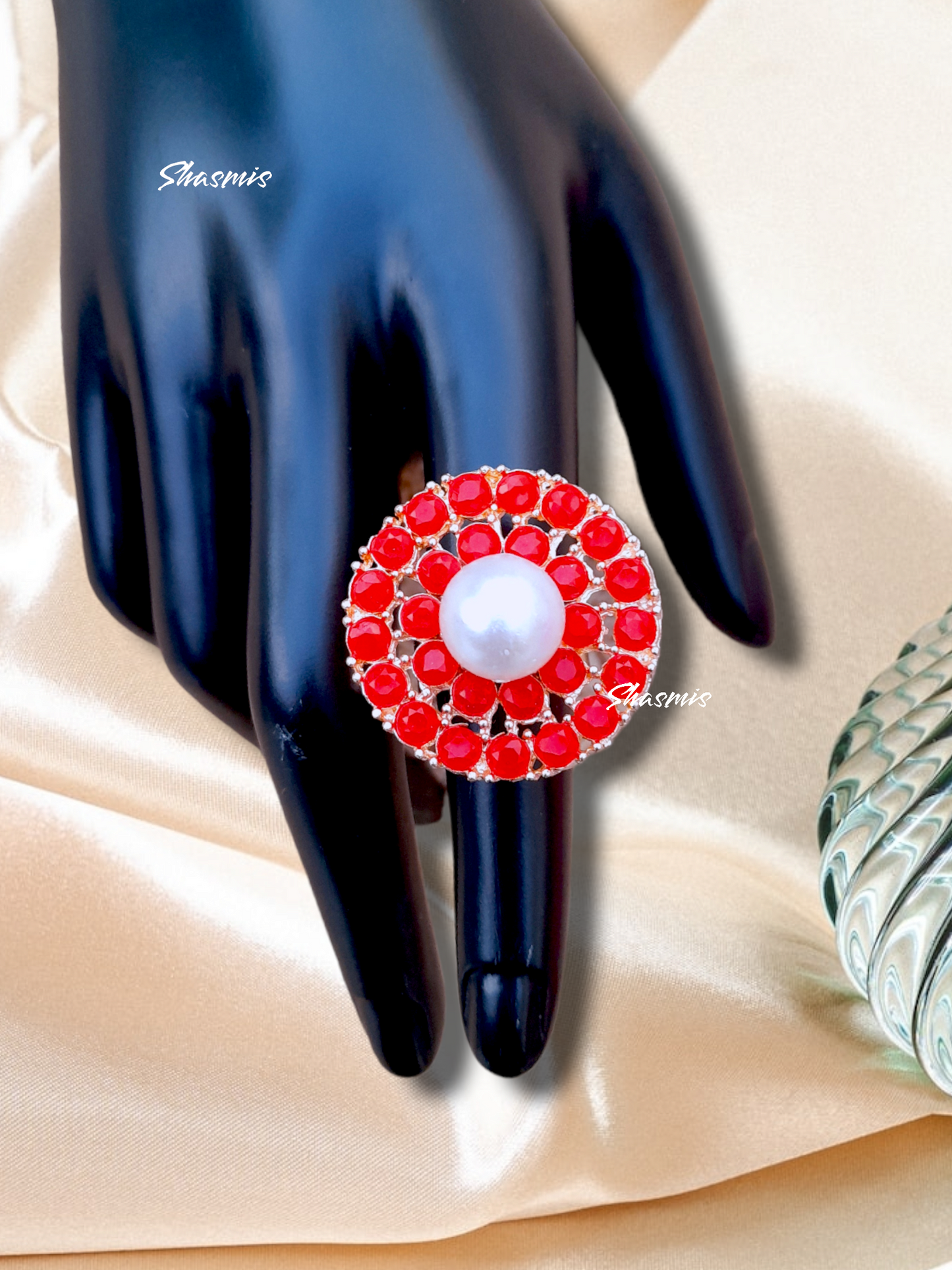 Stone With Centre Pearl Rose Gold Finish Ring