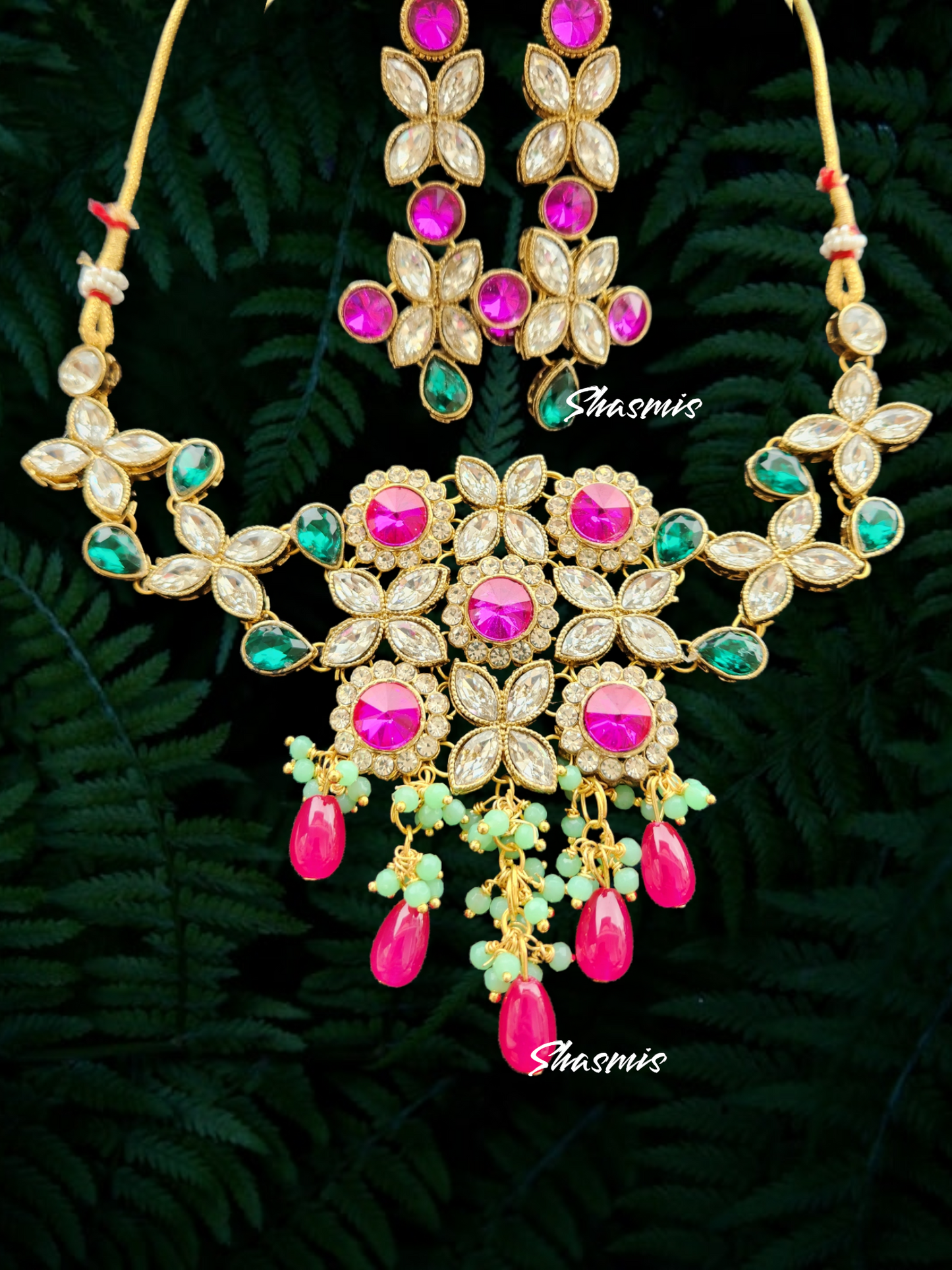 Pink And Green Color Glass Kundan Stone And Pink Pearls On Drop Necklace With Earrings