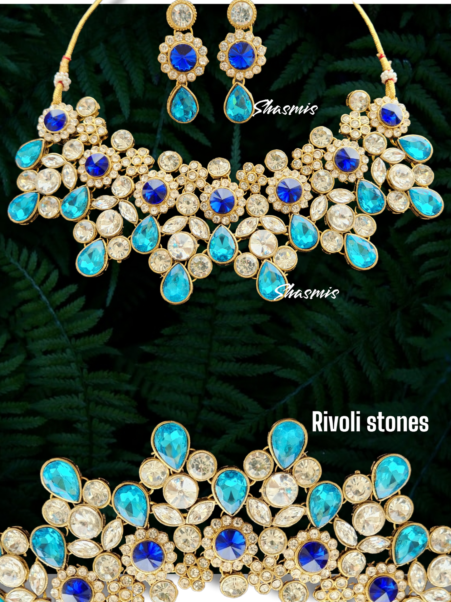 Blue Shade Glass Kundan Stone Necklace With Earrings