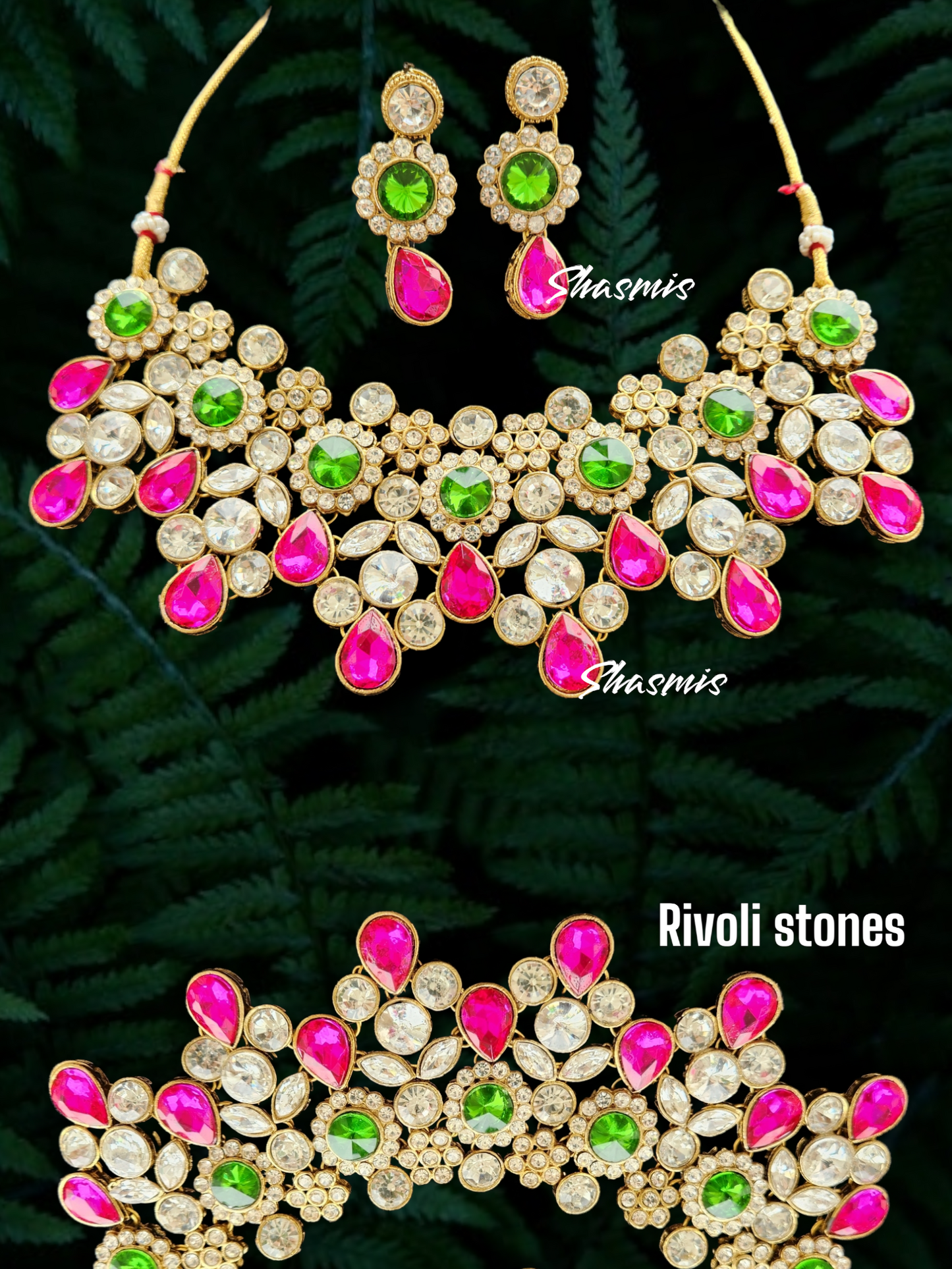 Pink And Green Glass Kundan Necklace with Earrings