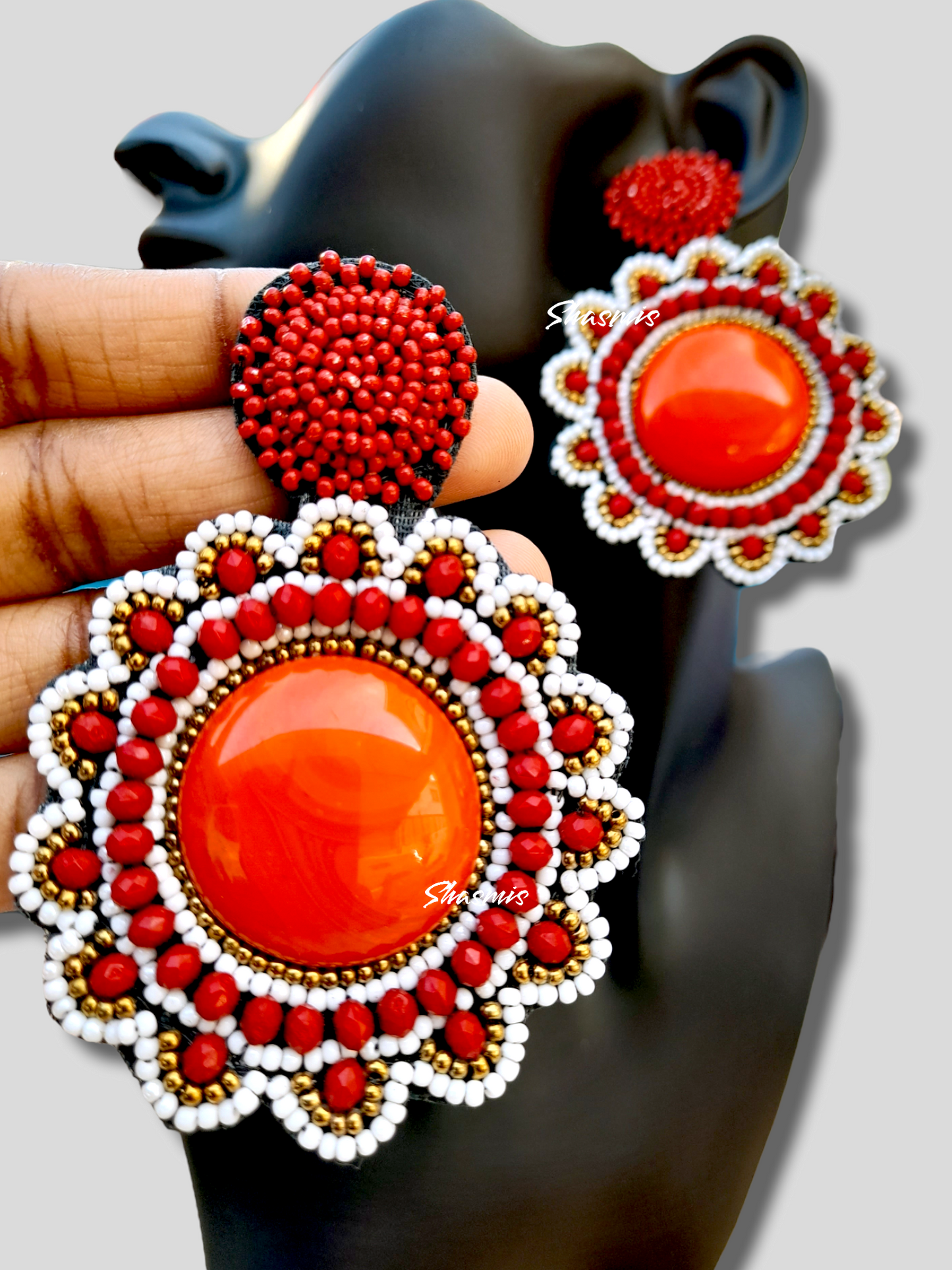 Red Color Beads With Centre Stone Drop Earrings
