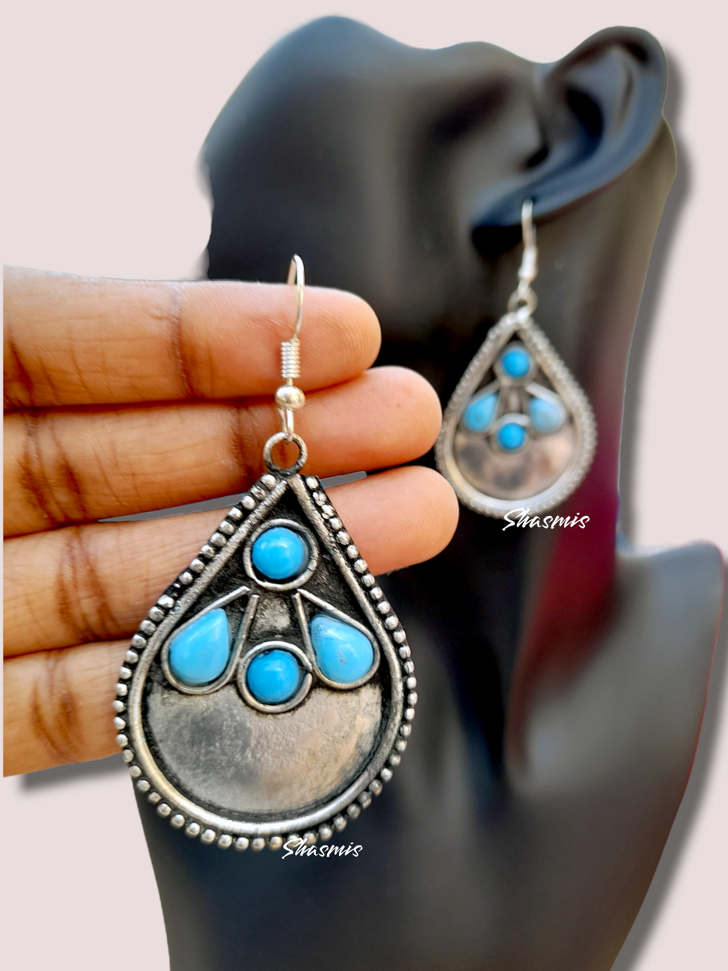 Blue Stone Drop Design Silver Earrings