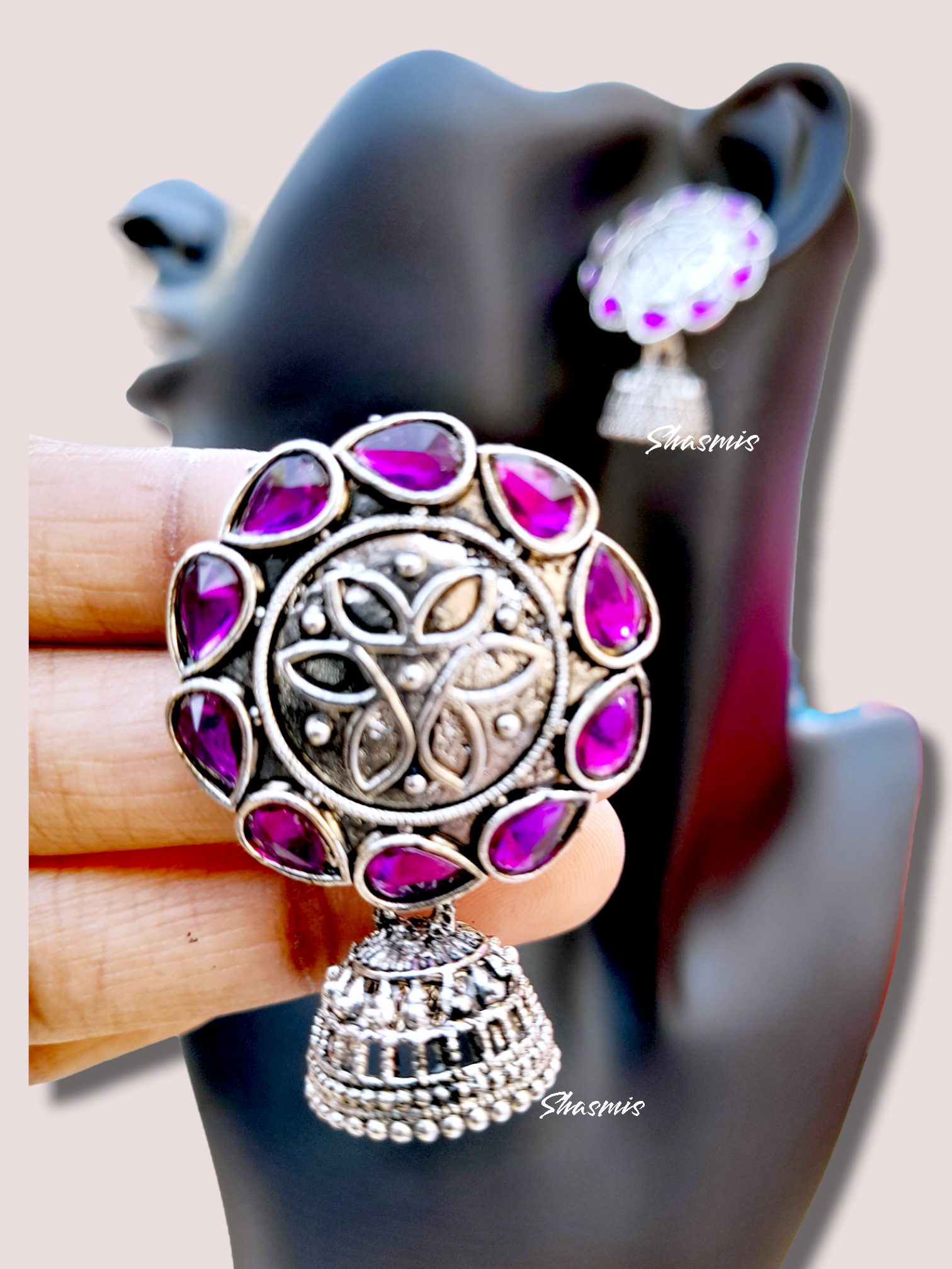 Purple Stone Jhumka On Drop Earrings1