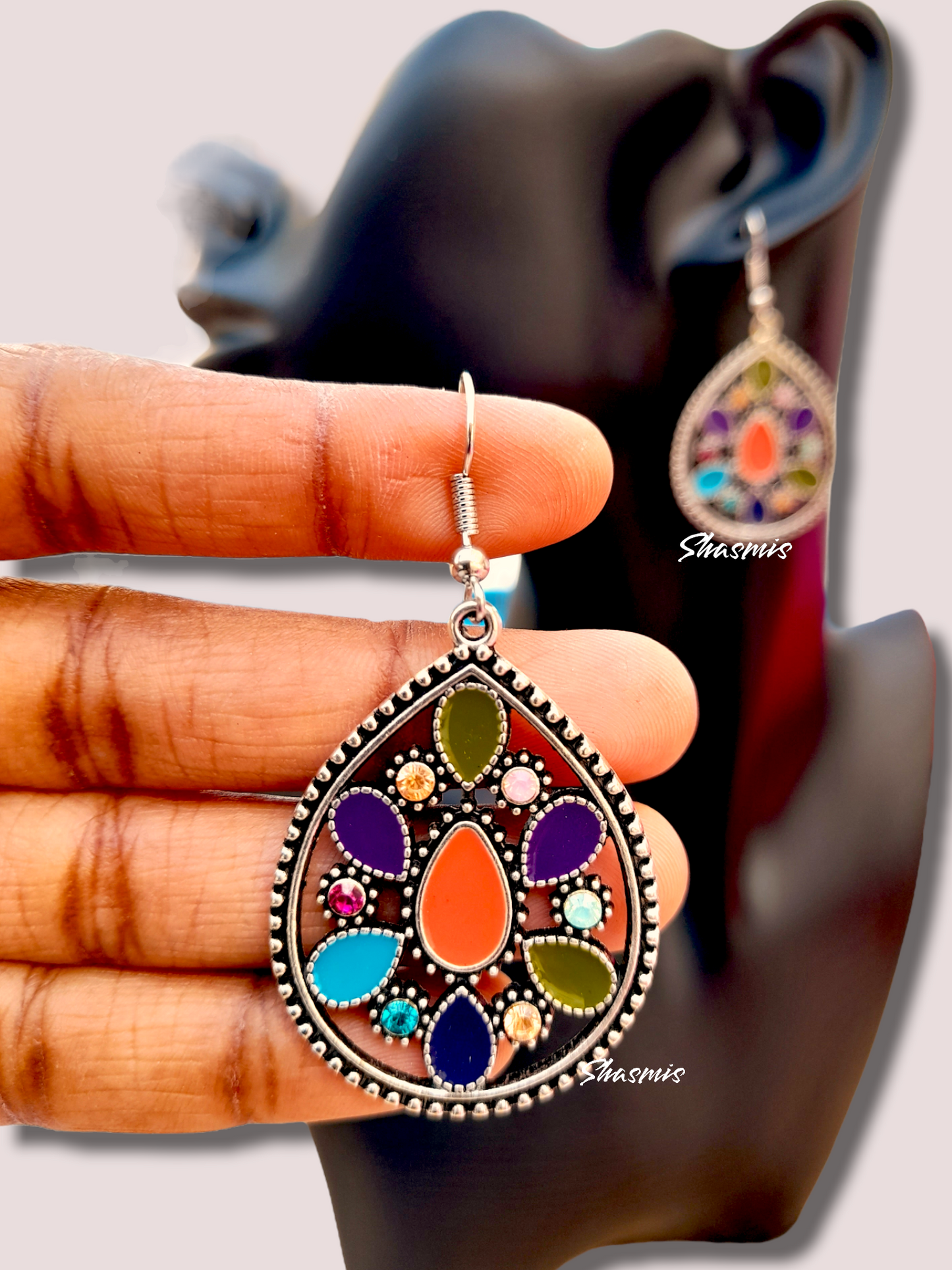 ColorFul Silver Oxidised Tear Drop Earrings