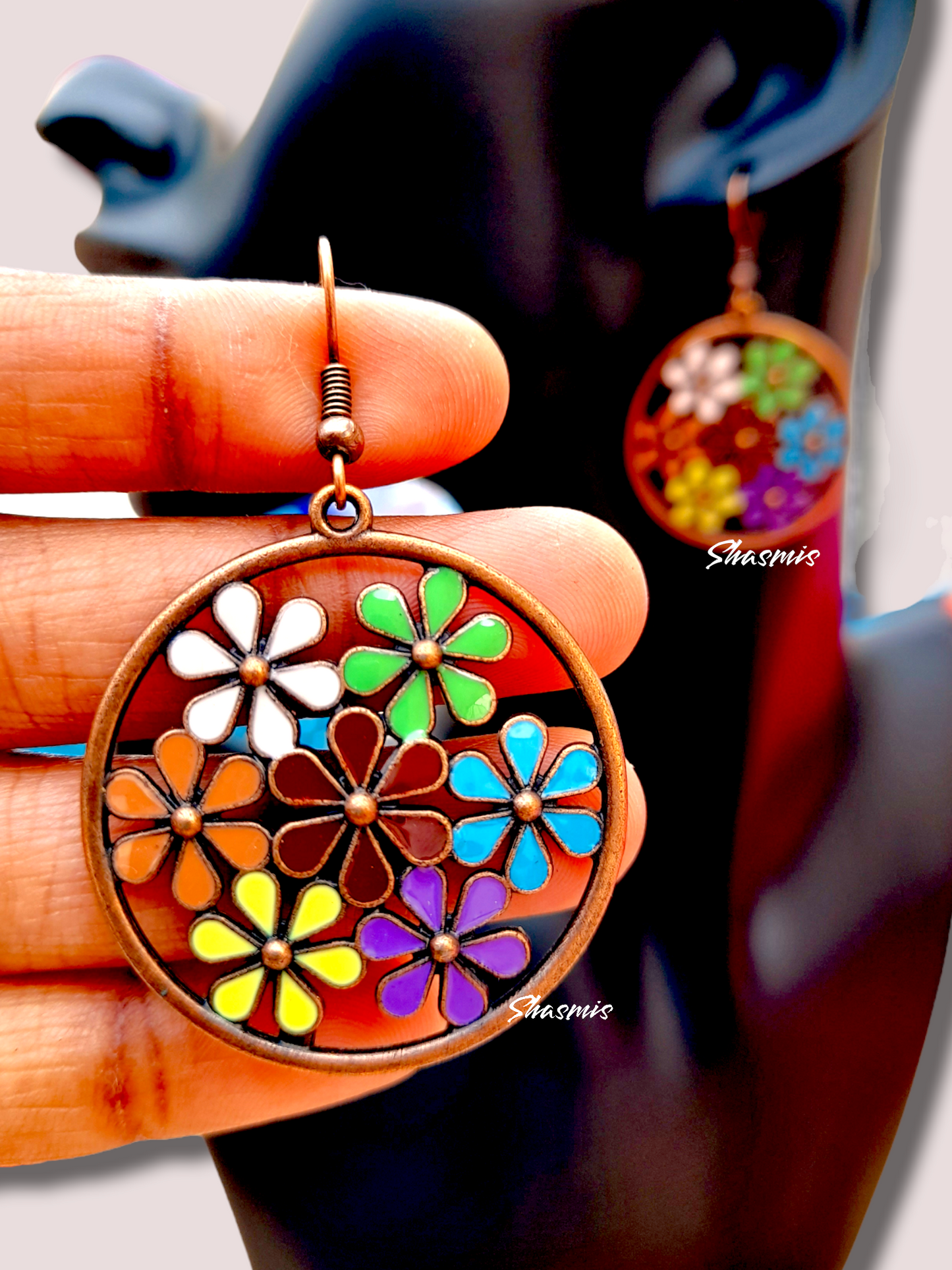Multi Color Flowder Wide Drop Earrings