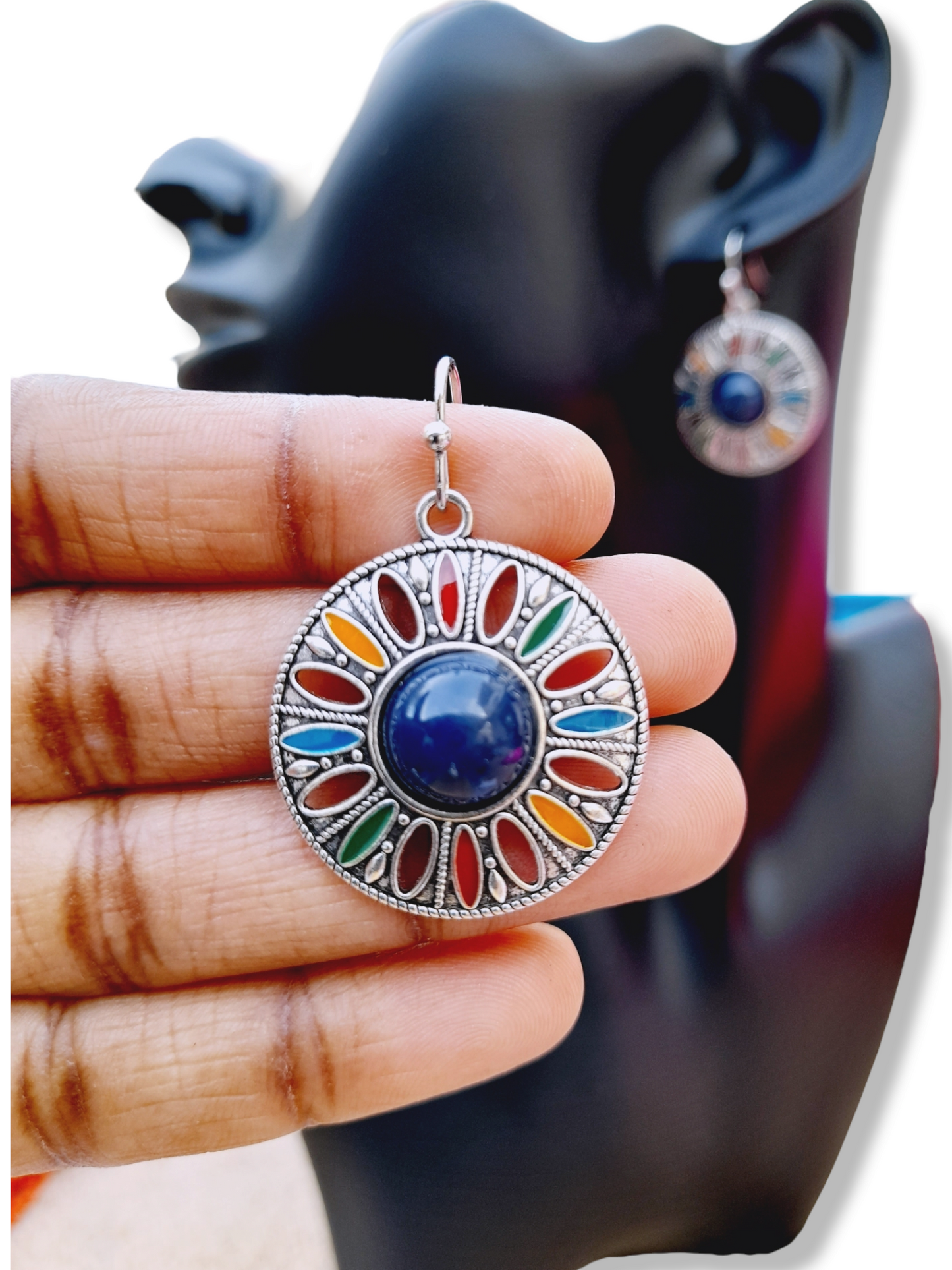 Blue Centre Stone Silver Multicolor Earrings