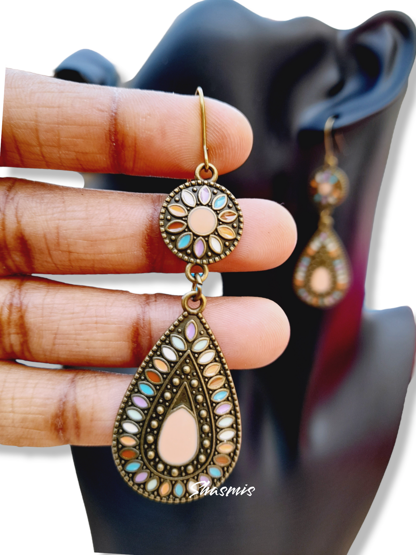 Multi color Tear Drop Earrings With Gun Metal Finish
