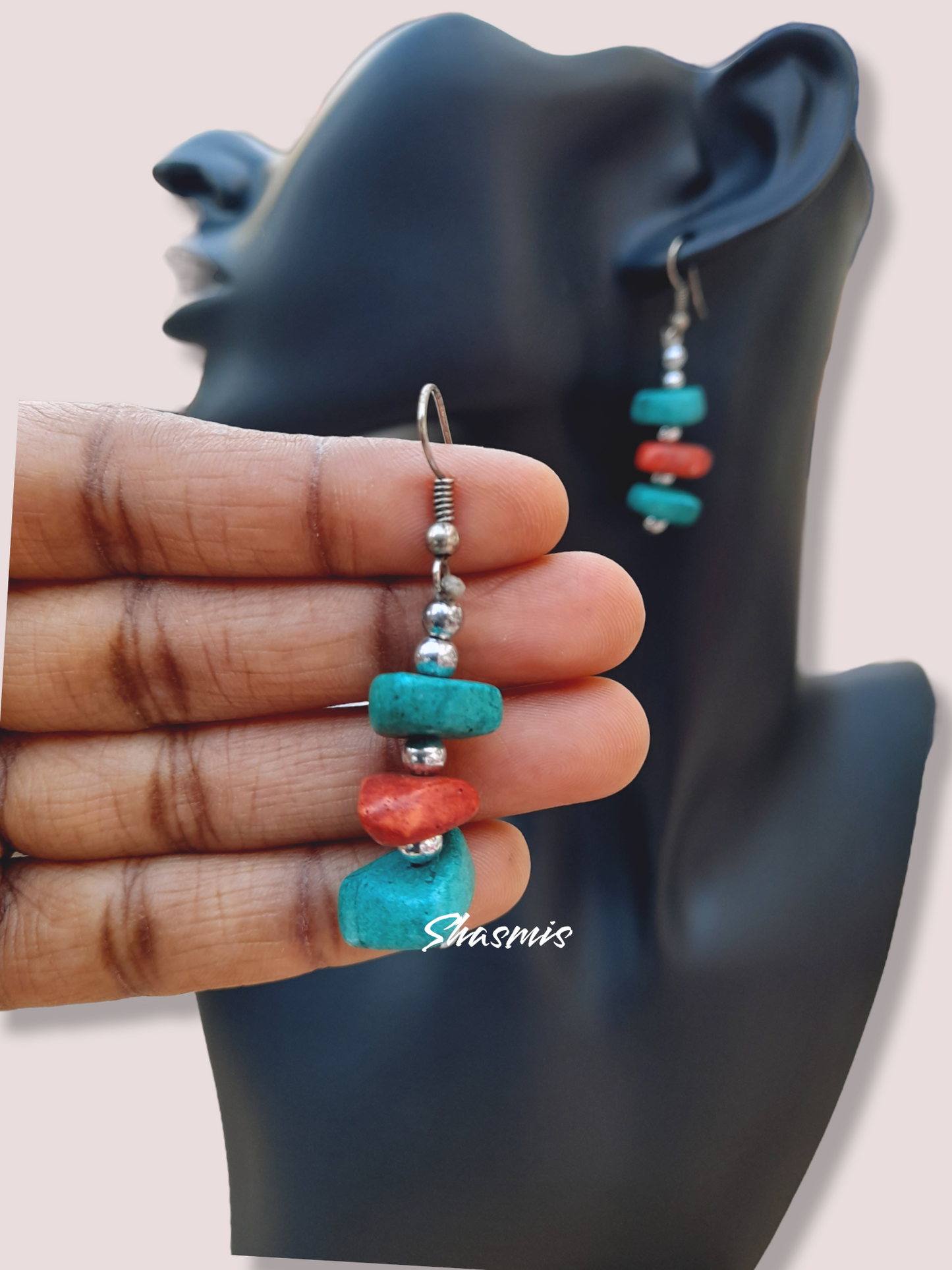 Green and Red Color Stone Long Earrings