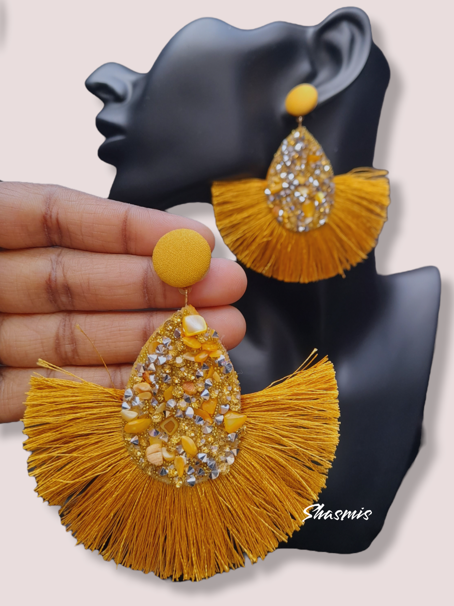 Mustard Color Crystal Tear Drop Shape Earrings With Tread Design