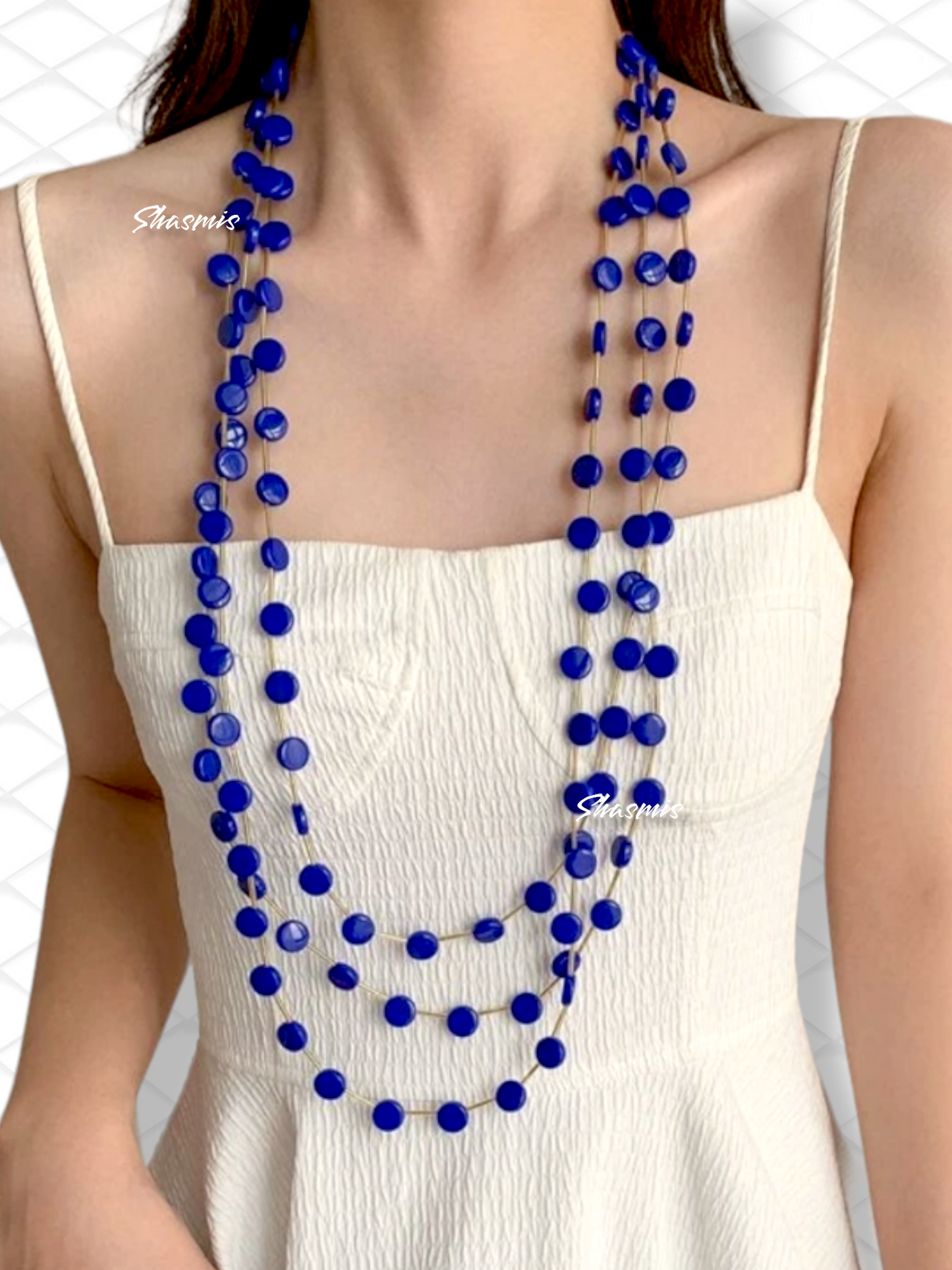Blue Color Long Layer Beads Necklace