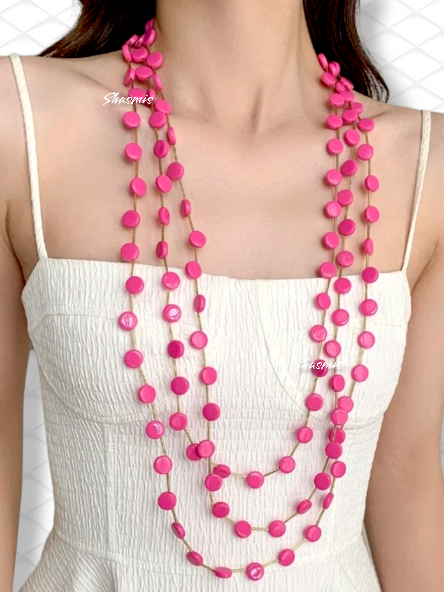 Pink Color Long Layer Beads Necklace