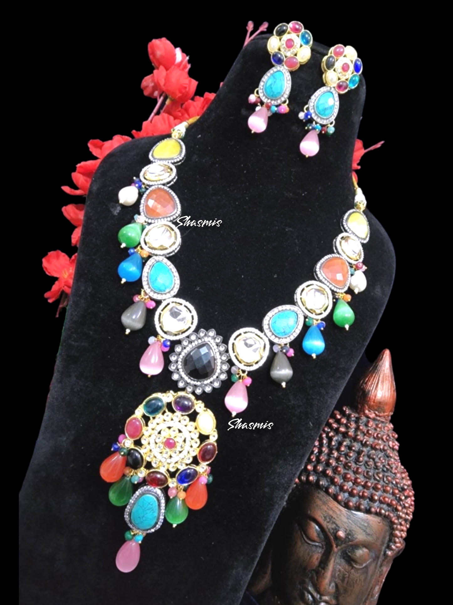 Muulti Color Polki Kundan Design Necklace With Earrings