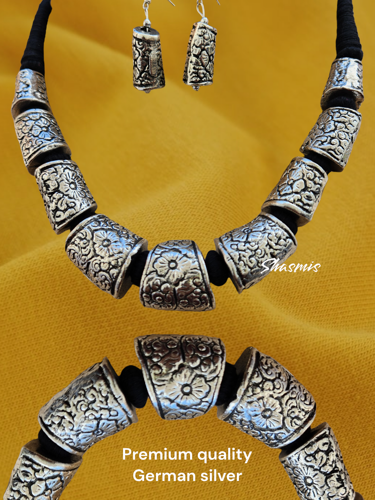 Silver Oxidised Wide Charms Statement Necklace With Earrings