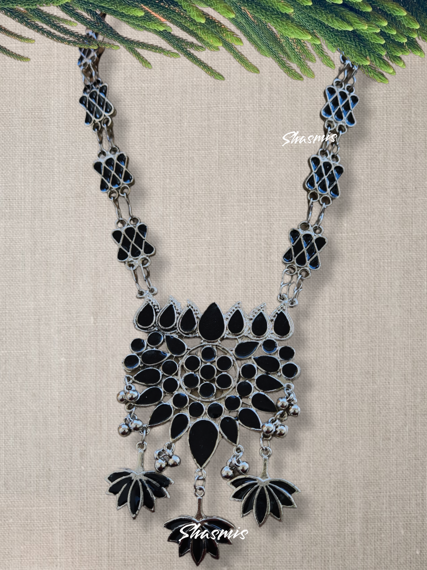 Black Color Silver Lotus Design Ndecklace