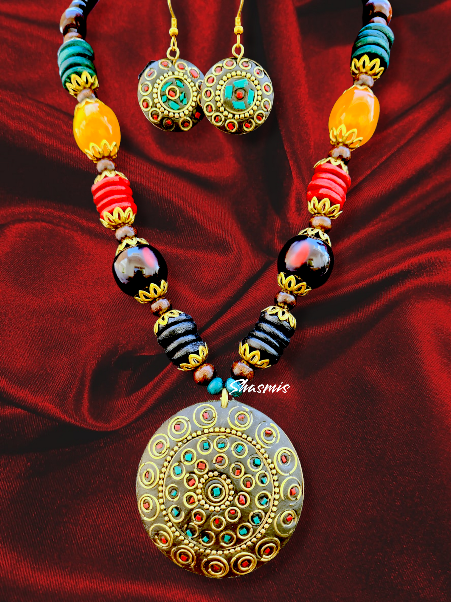 Multi Color Beads Wooden Necklace With Wide Pendent On Drop and Earrings