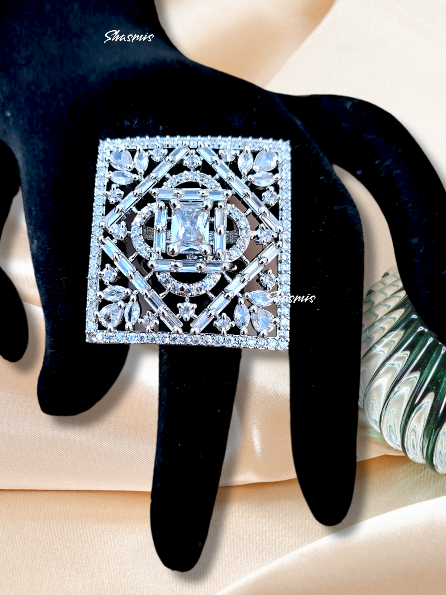 White Diamond Silver Square Design Ring