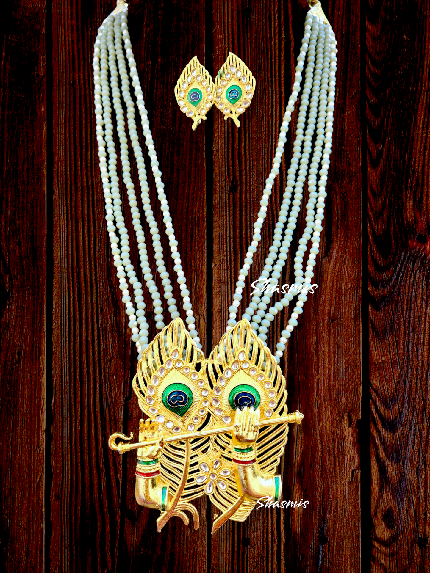 Pistacho Color and Pearls Beads Necklace With Peacock Feather Pendent