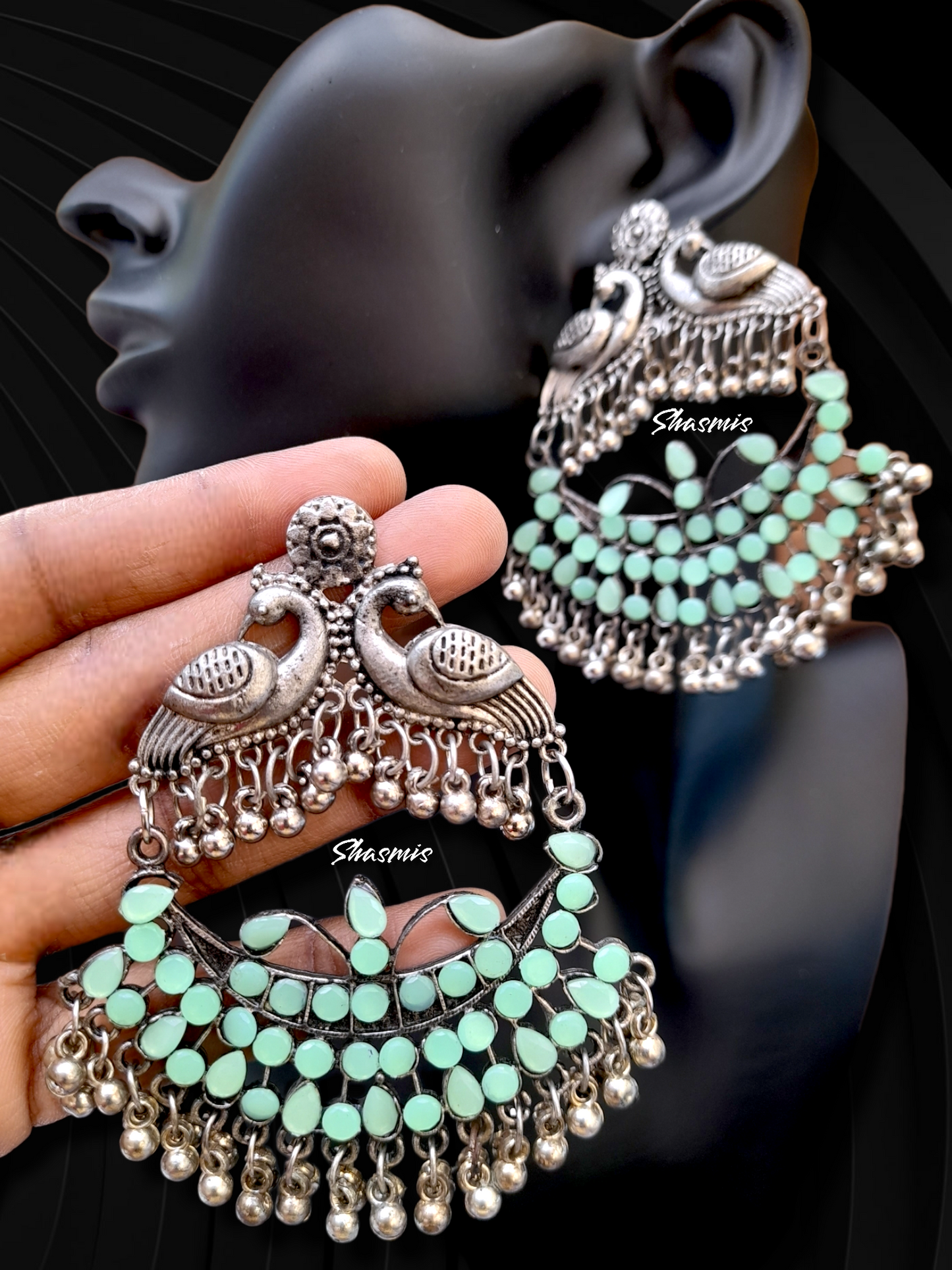 Mint Green Stone Peacock Design Silver Oxidised Earrings