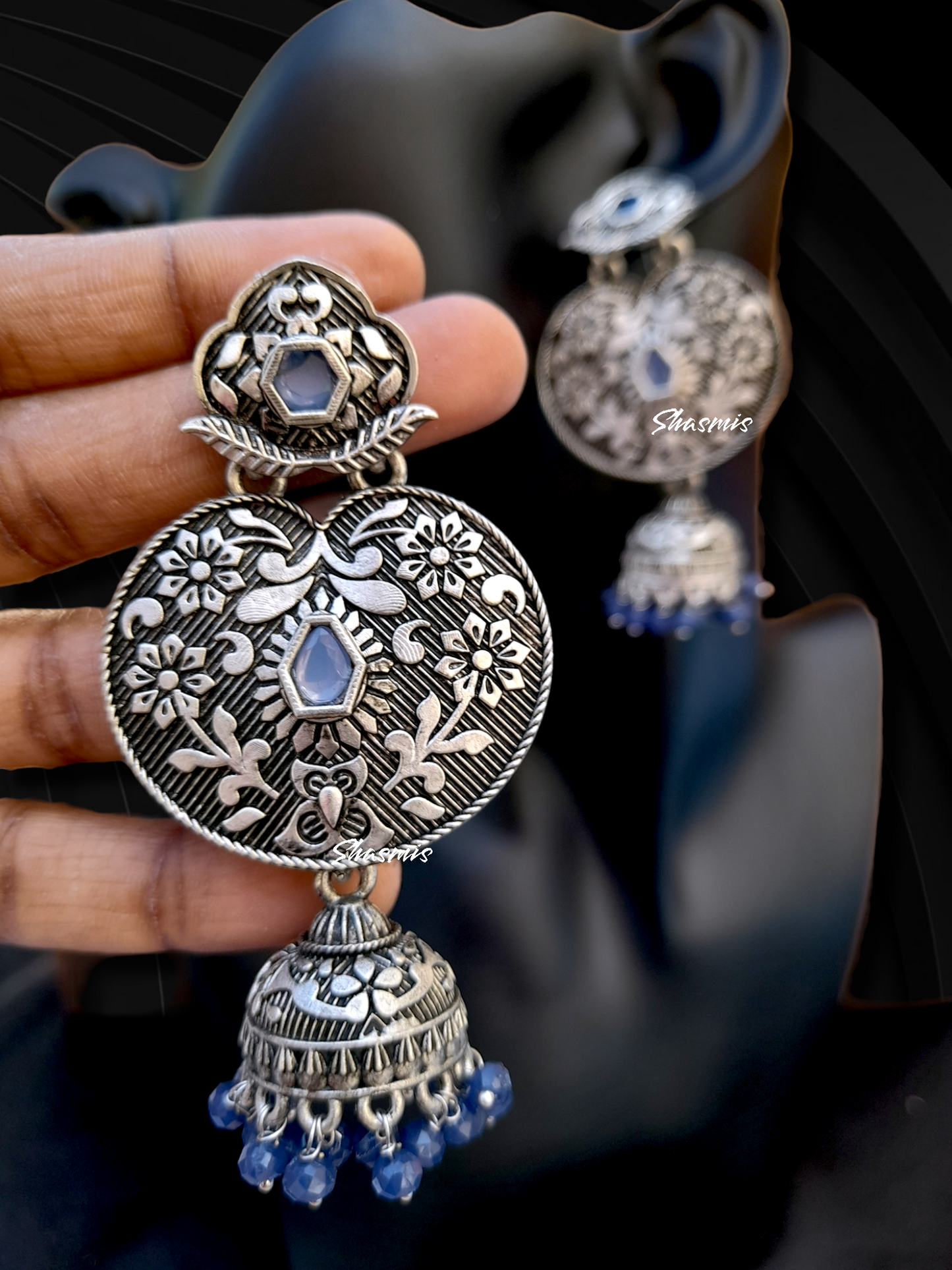 Blue Color Pearl On Drop Jhumka Black Silver Earrings