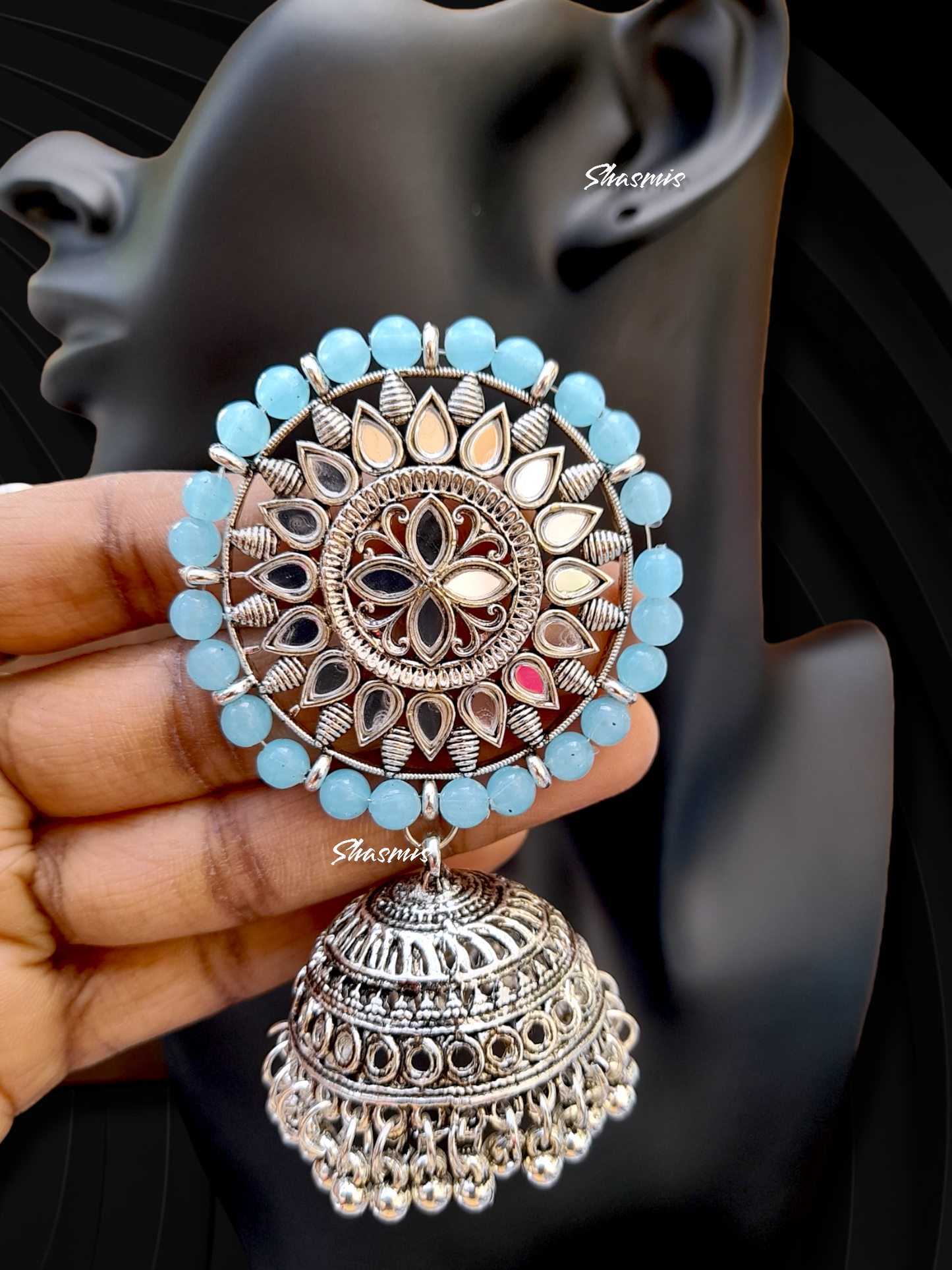 Blue Color Beads Silver Jhumka Earrings