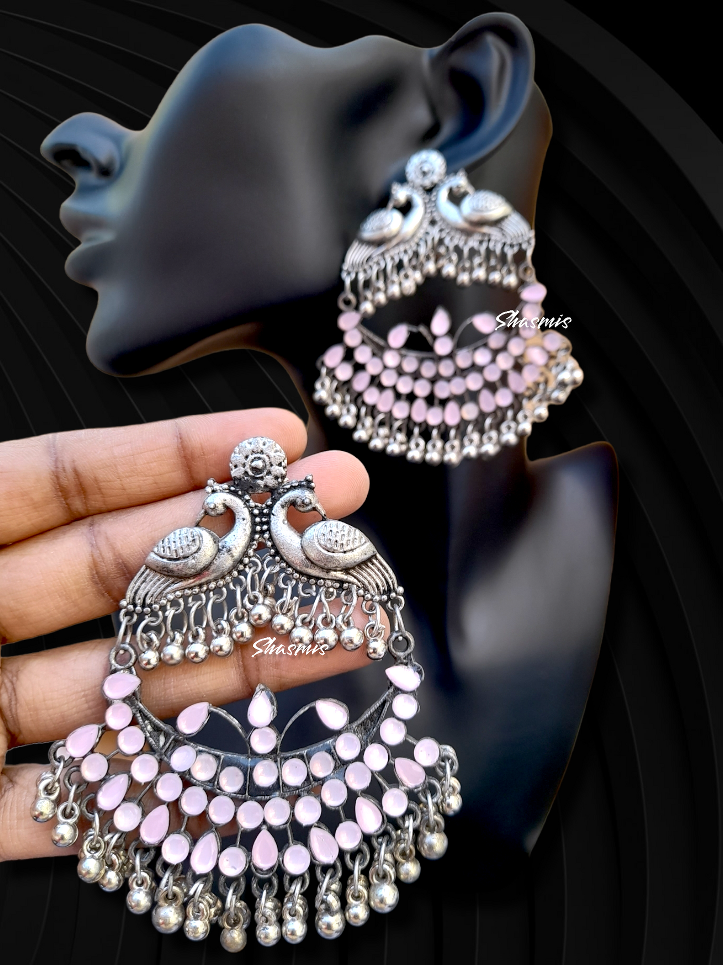 Pink Color Chandbali Long Drop Silver Earrings