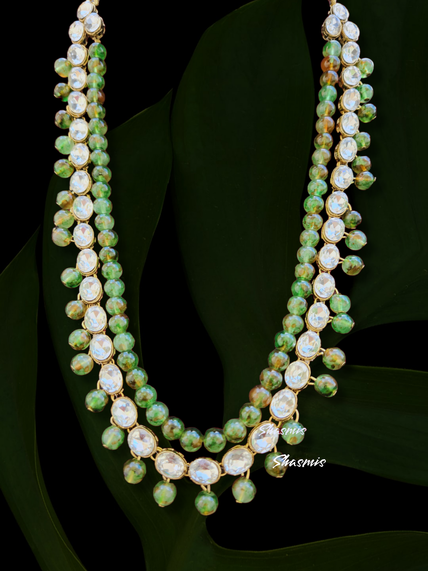 Green Beads Glass Kundan Long Necklace
