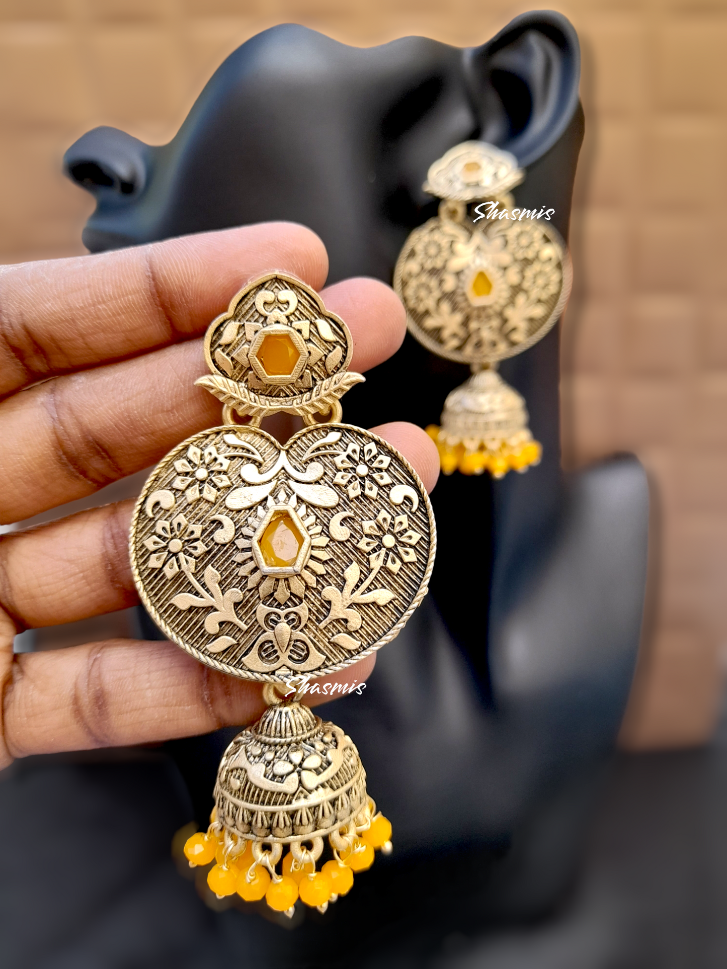 Yellow Color Pearls On Drop Jhumka Earrings