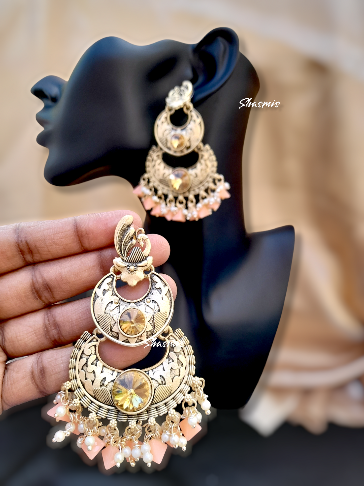 Orange Peach Color Stones On Drop Golden Matt Finish Jhumka Earrings