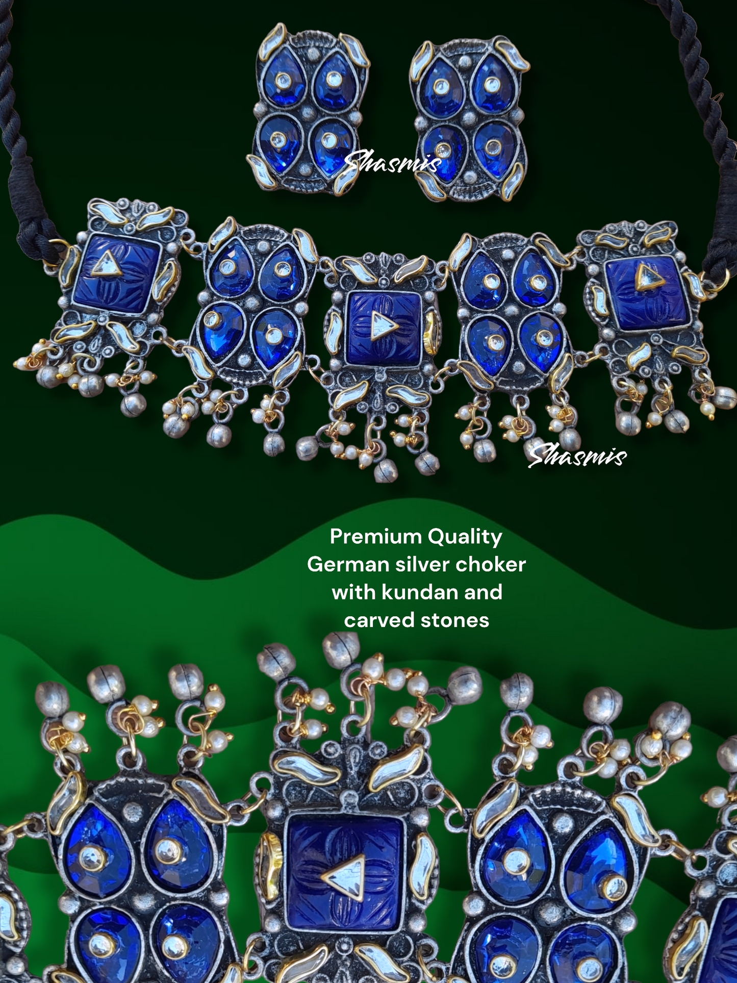 Blue Color Silver Oxidised Necklace