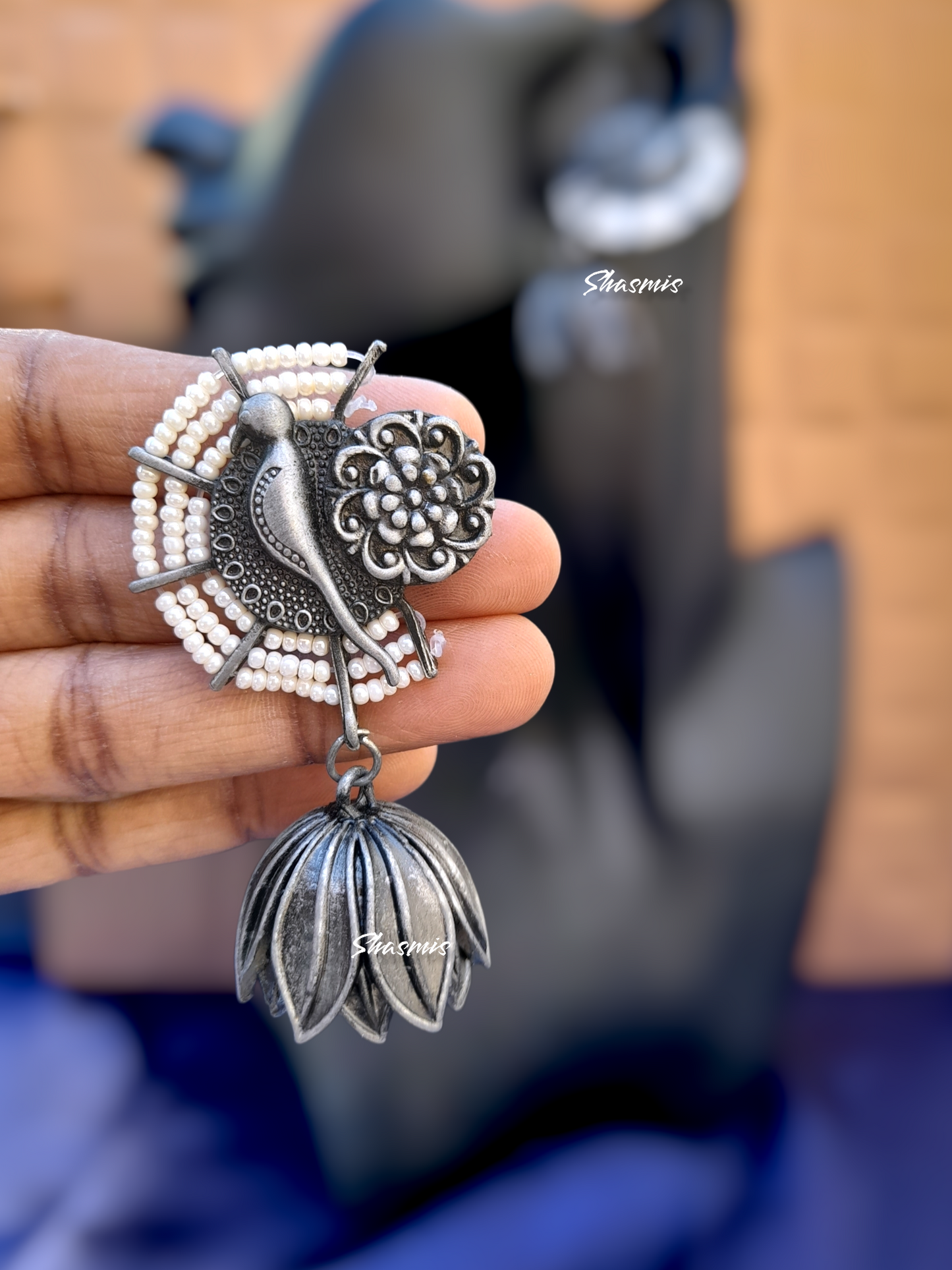 Lotus On Drop German Silver Parrot Design Earrings