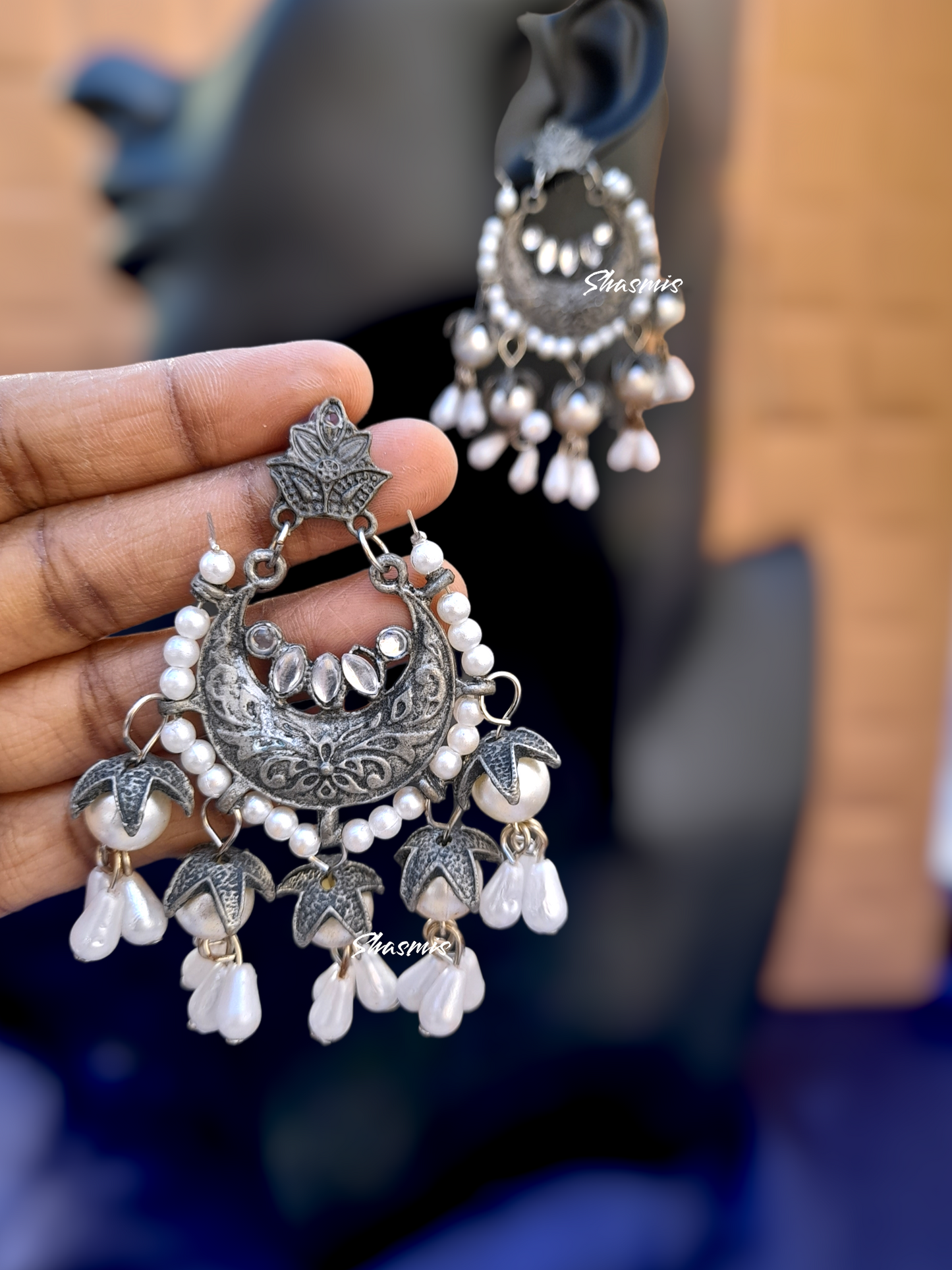 Chandbali German Silver Long Drop Pearls Earrings
