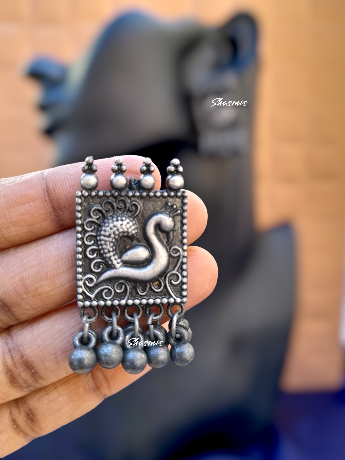 Afghani Silver Square Design Long Ghungroo On Drop Earrings