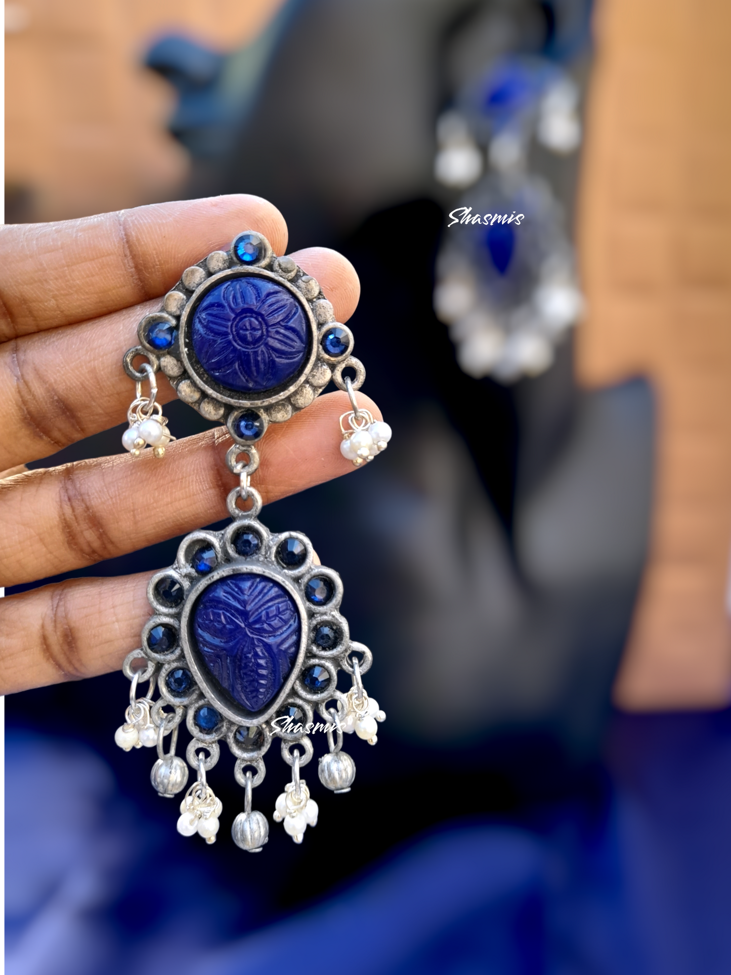 Blue Carved Stone Long Drop Ghungroo Design Earrings