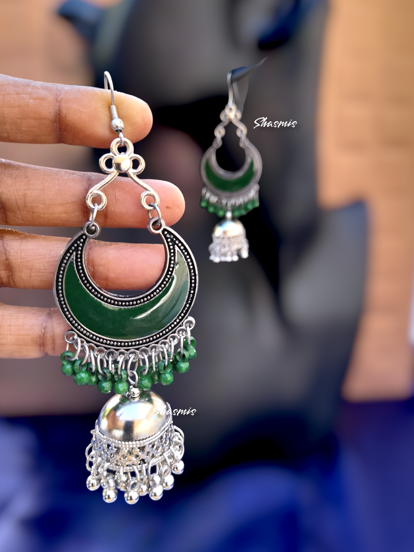 Green Color Chandbali Jhumka Silver Earrings