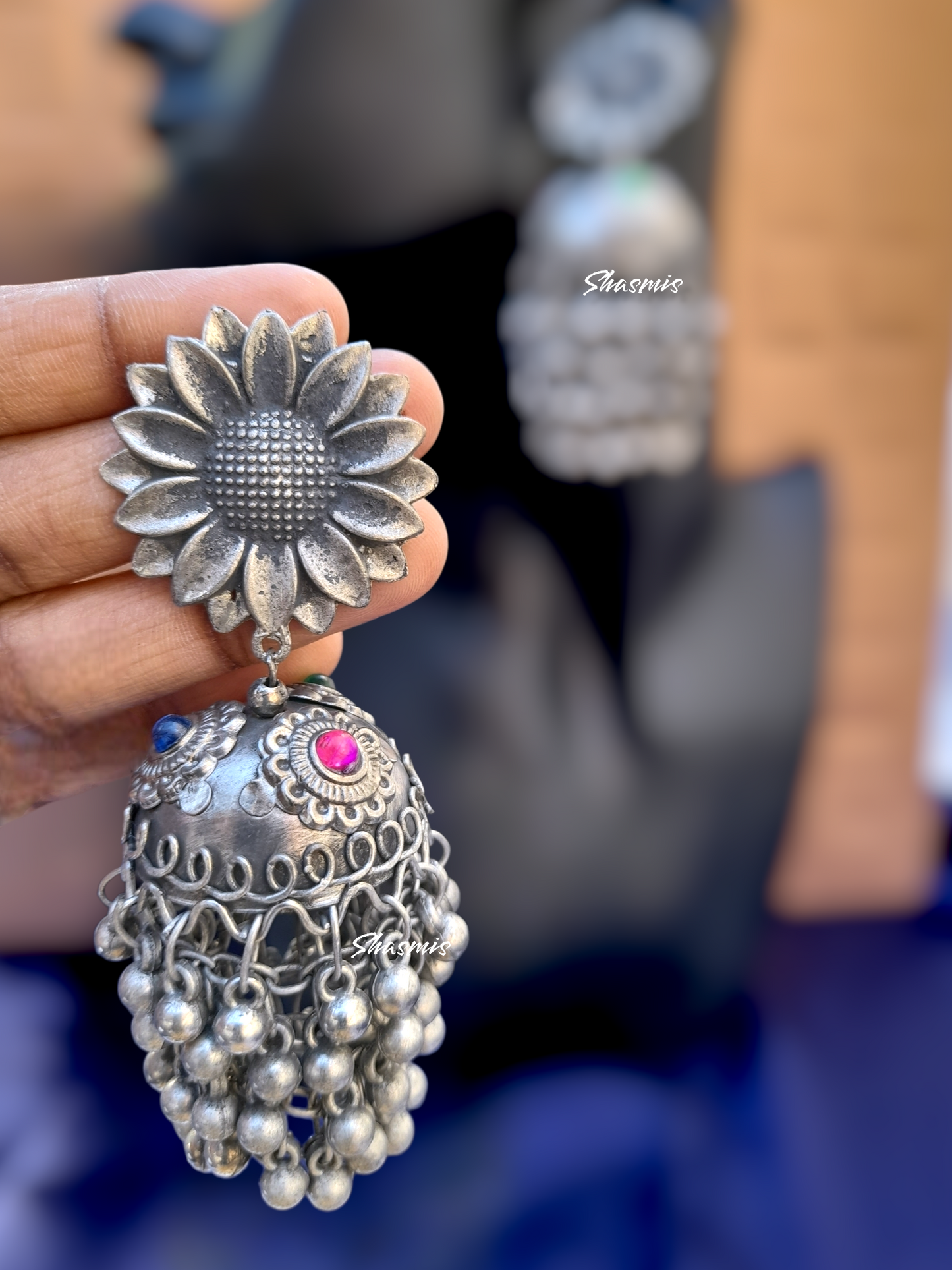 Sun Flower Design Long Drop Afghani Earrings