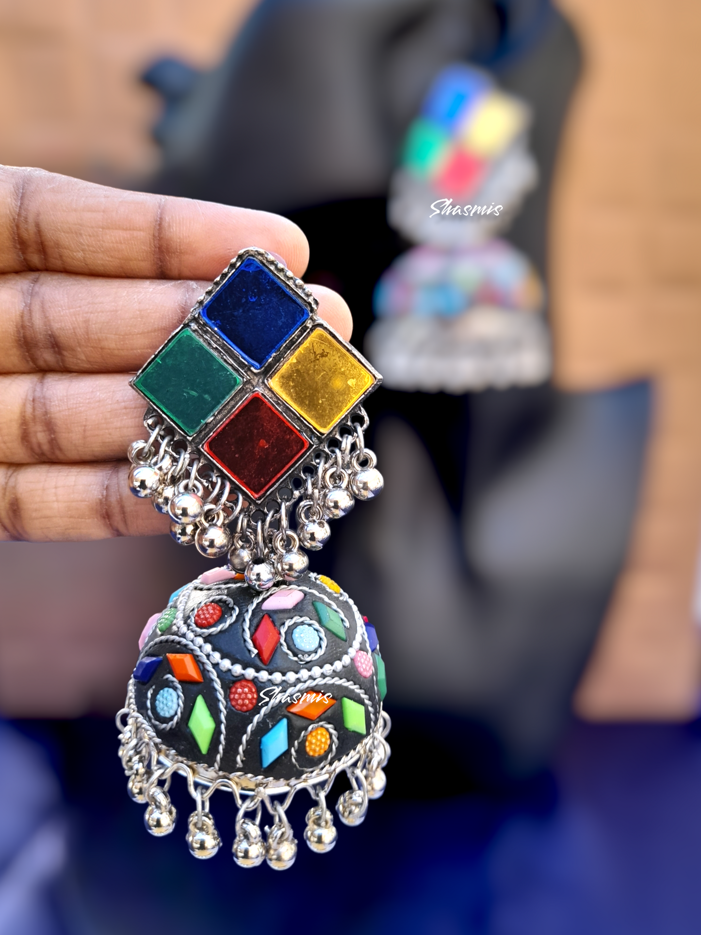 Afghani Oxidised Silver Multicolor Long Drop Jhumka Earrings