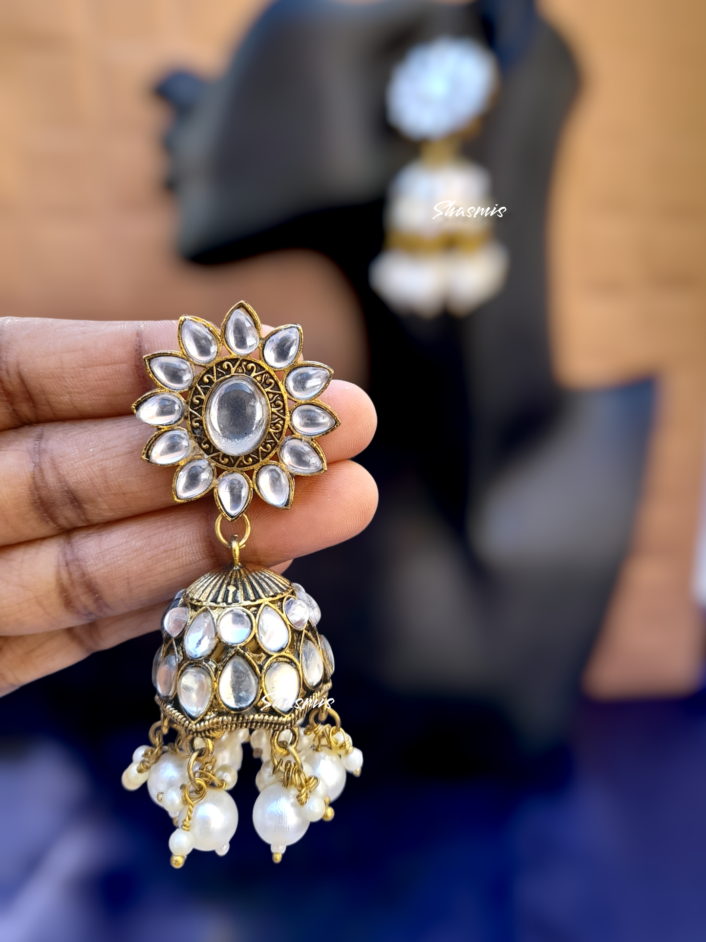 Clear White Stone Long Jhumka Gold Plated Earrings