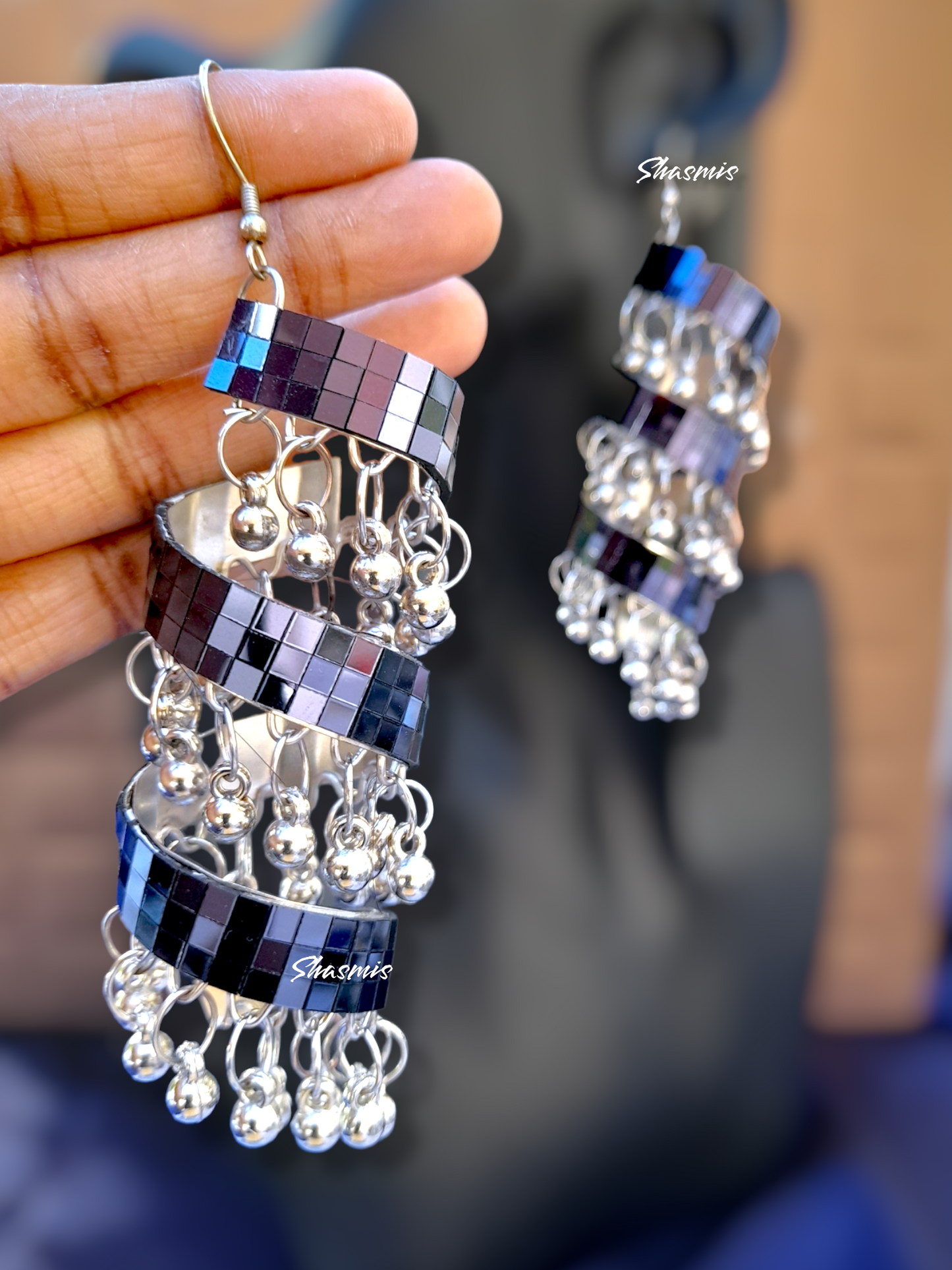 Grey Color Mirror Silver Ghungroo Spring Earrings