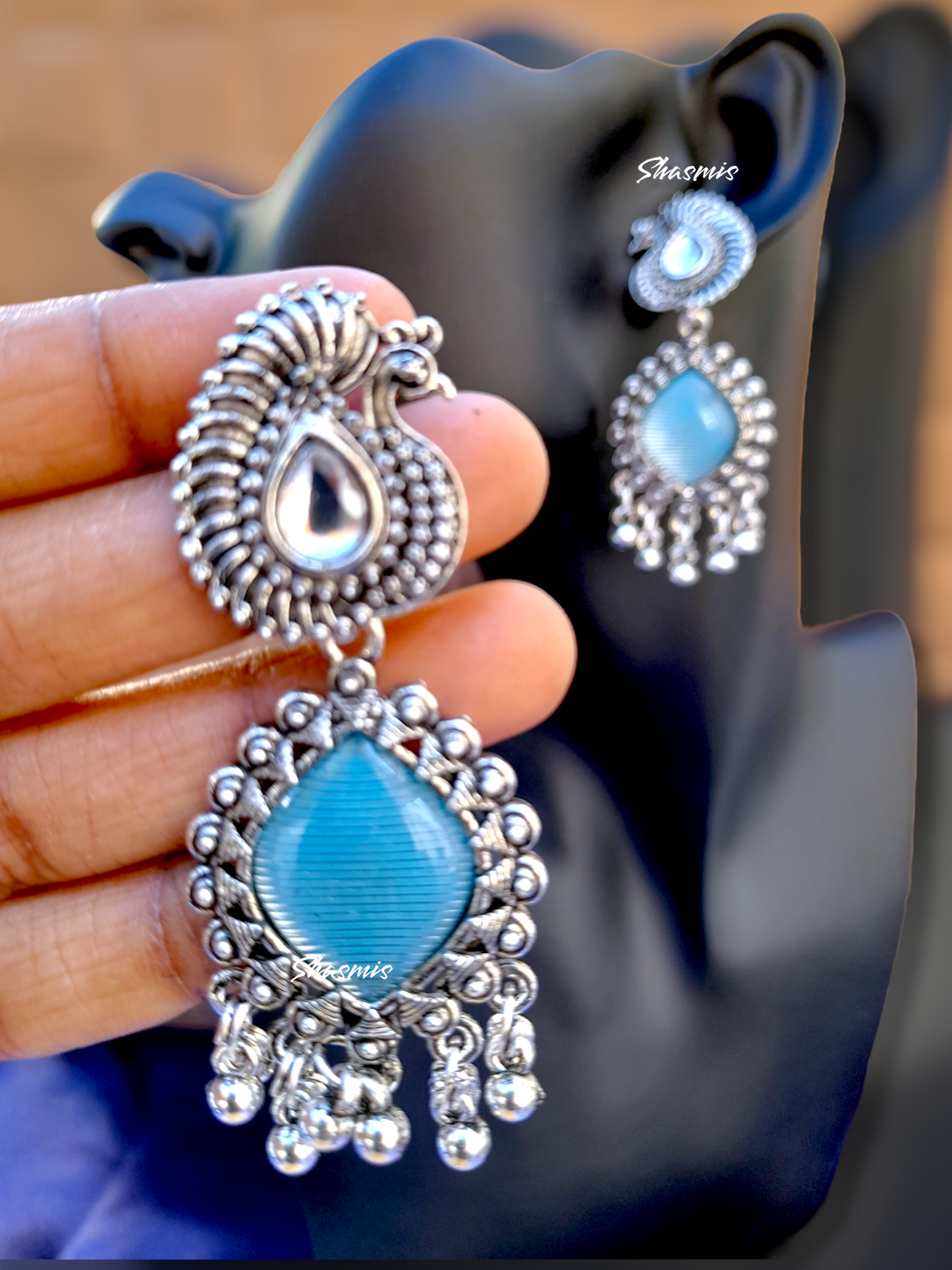 Peacock Design Blue Centre Stone Silver Oxidised Earrings