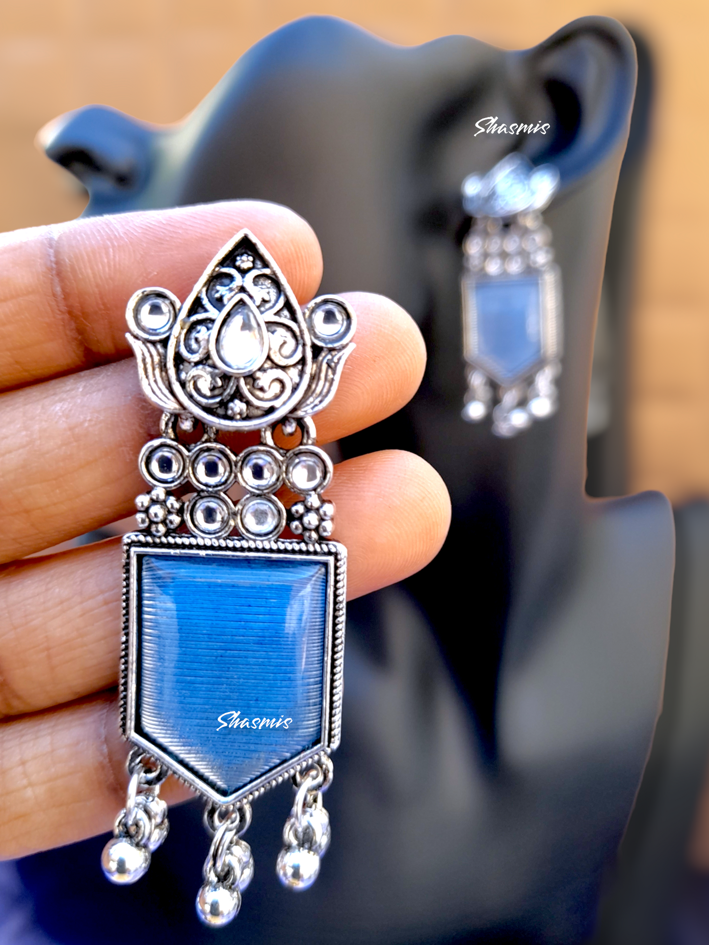 Blue Color Stone Ghungroo On Drop Silver Earrings