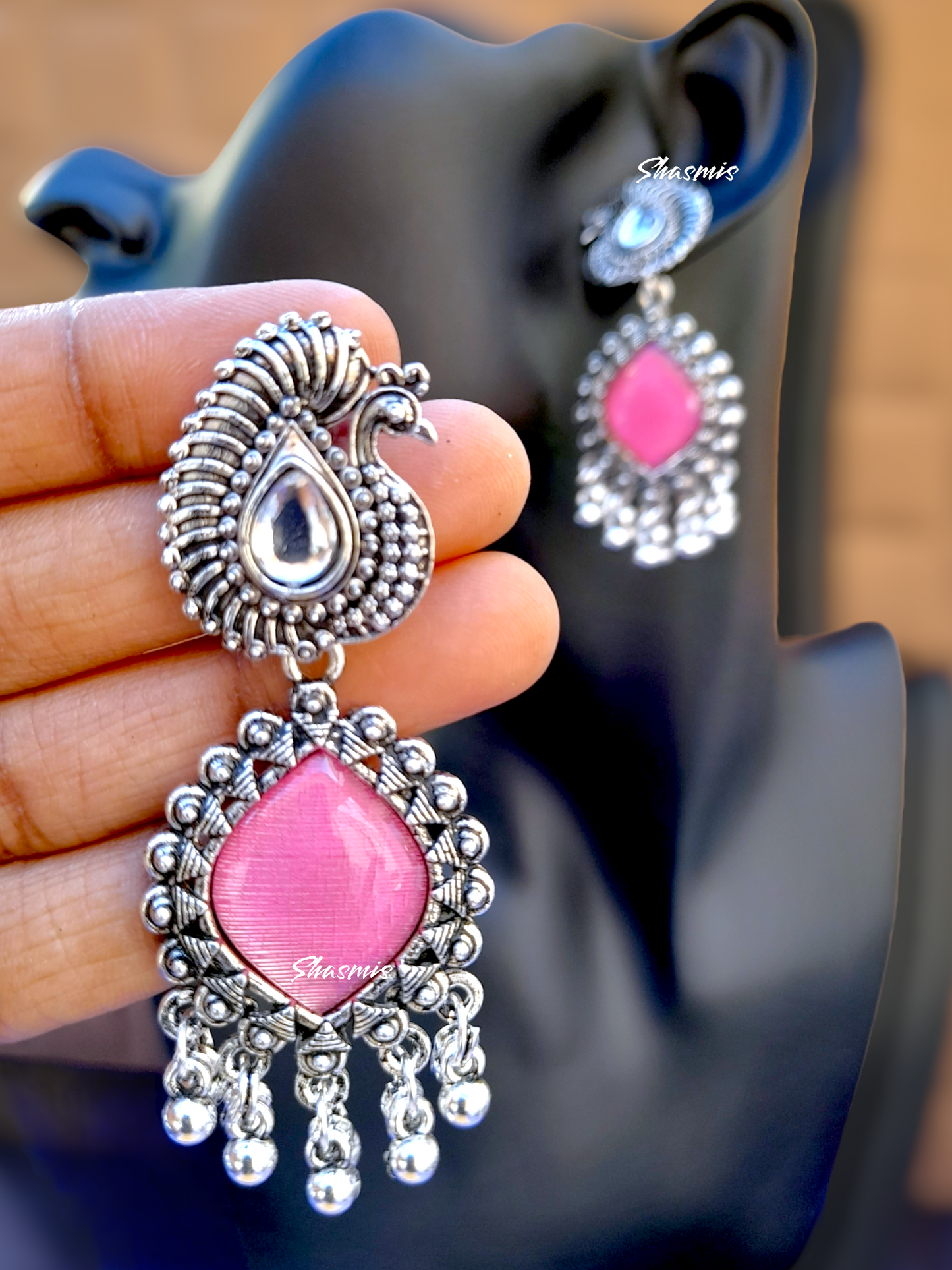 Pink Centre Stone Peacock Desiogn Silver Oxidised Ghungroo On Drop Earrings