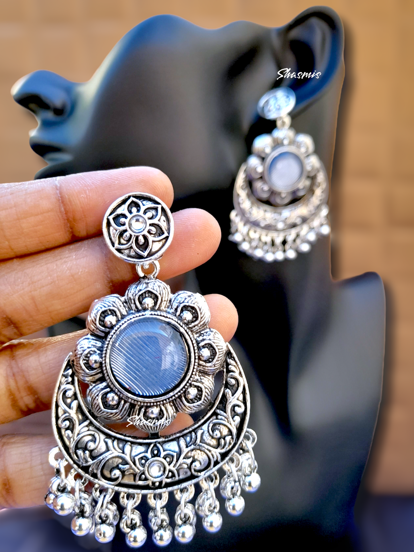 Blue Centre Stone Silver Chandbali Earrings