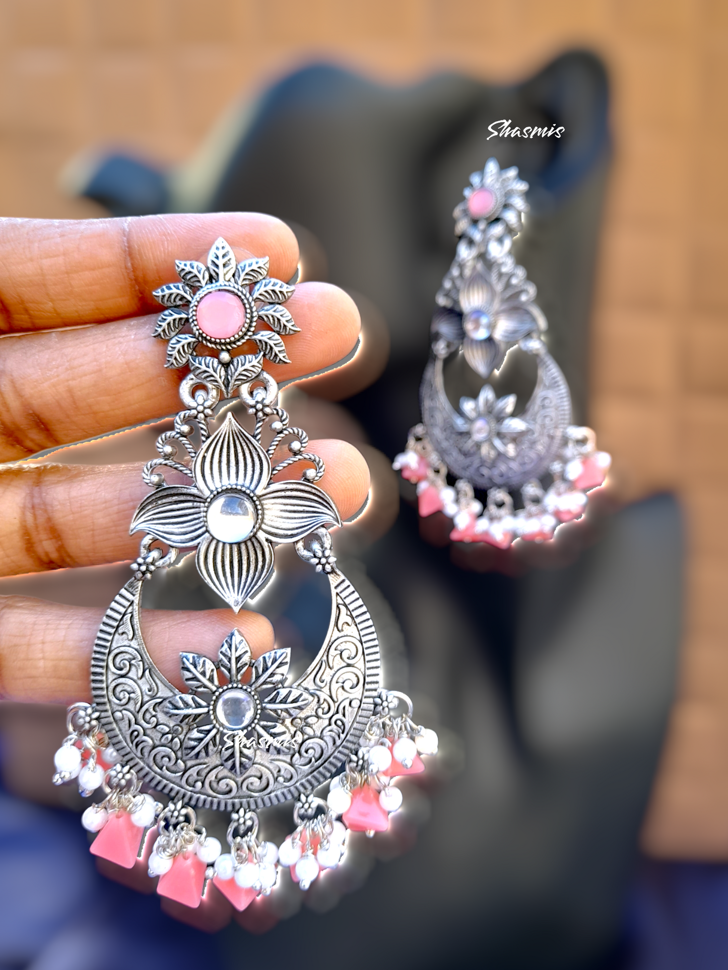 Pink Stone On Drop Flower Design Silver Long Earrings
