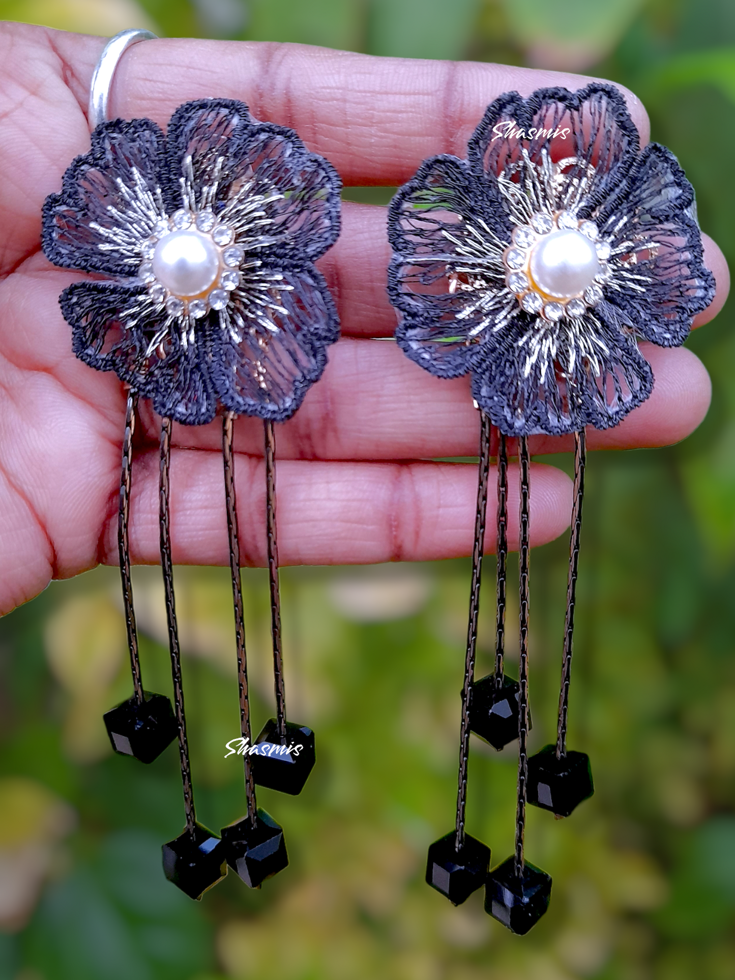 Black Color Flower With Centre Pearl And long Drop Stone