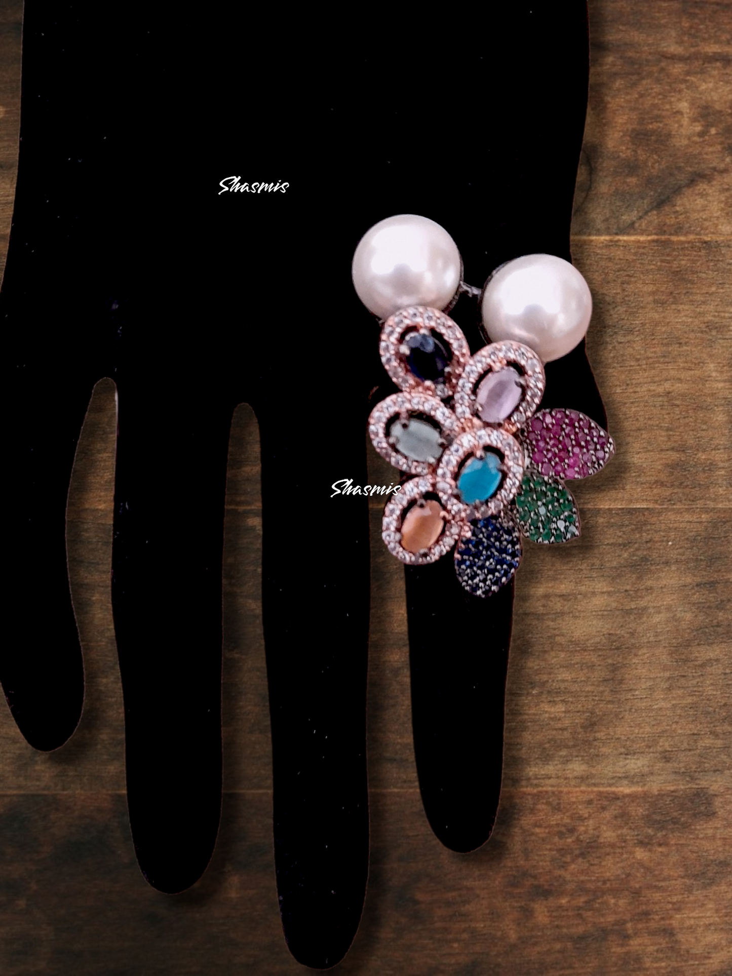 Multi Color American Diamond With Pearl Silver Ring